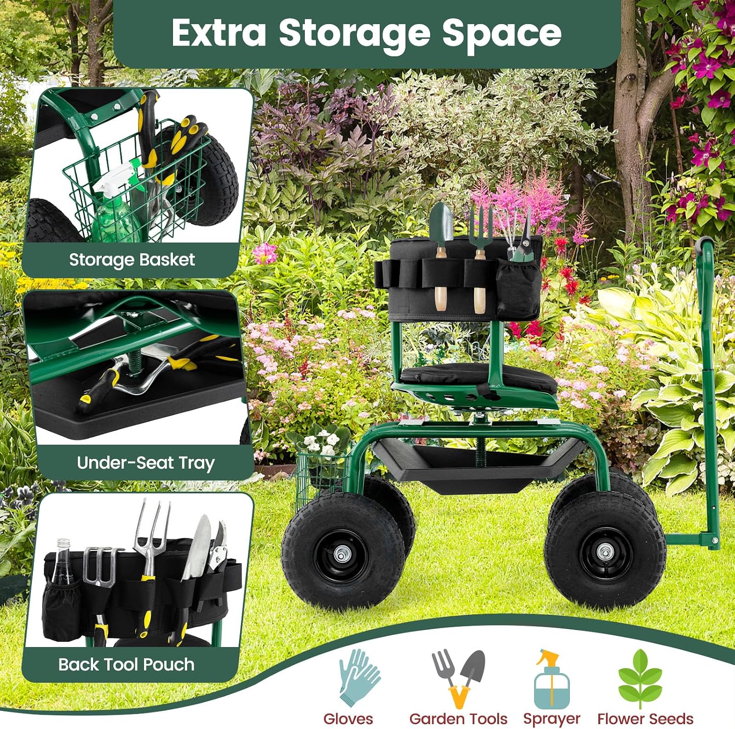 Goplus Garden Seat with Wheels, Rolling Gardening Stool with Adjustable 360° Swivel Seat, Tool Tray & Storage Basket, Extendable Handle, Outdoor Gardening Scooter, Garden Cart Workseat for Seniors