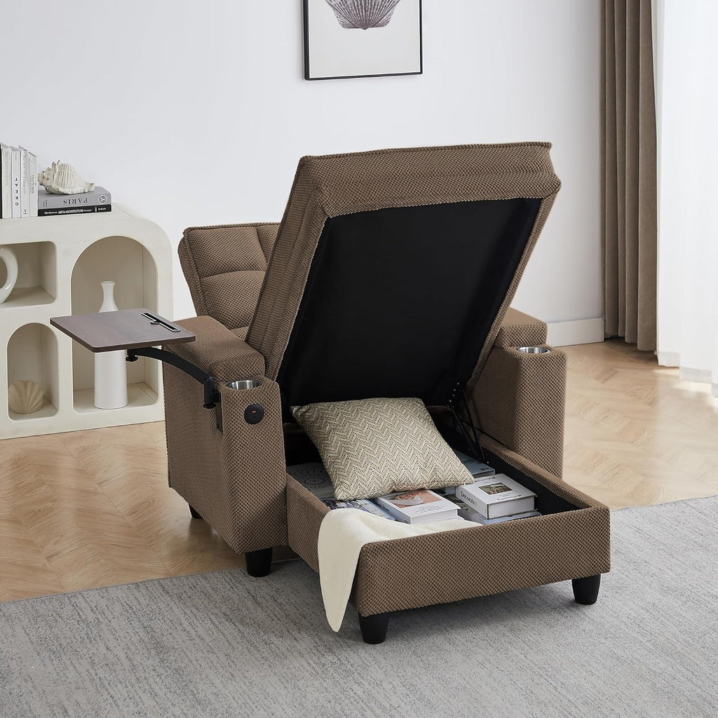Eafurn 6-Position Adjustable Convertible Chaise Lounge Sleeper Chair with Storage, Modern Recliner Armchair with Swivel Tray Table & USB Port, Multi-Functional Tufted Accent Chair for Small Space