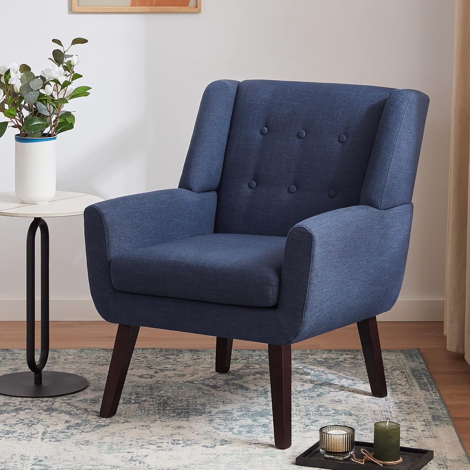 HUIMO Accent Chair Living Room Chair, Upholstered Button Tufted Armchair, Linen Fabric Sofa Chairs for Bedroom, Living Room, Mid Century Modern Comfy Reading Chair (Dark Blue)