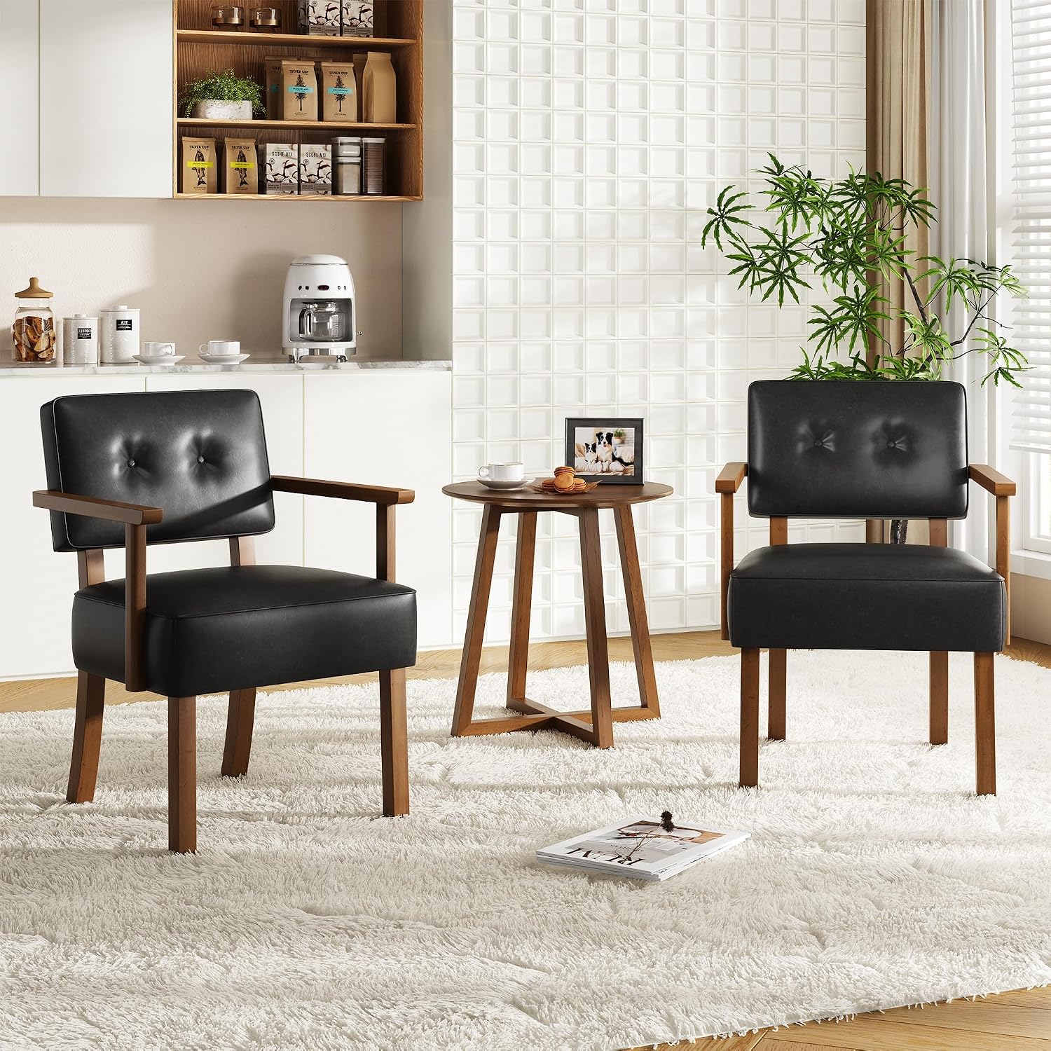 Garvee Accent Chair, Mid-Century Modern Faux Leather Armchair with Wood Frame, Button Tufted Upholstered Reading Chair for Living Room, Bedroom or Balcony, Black