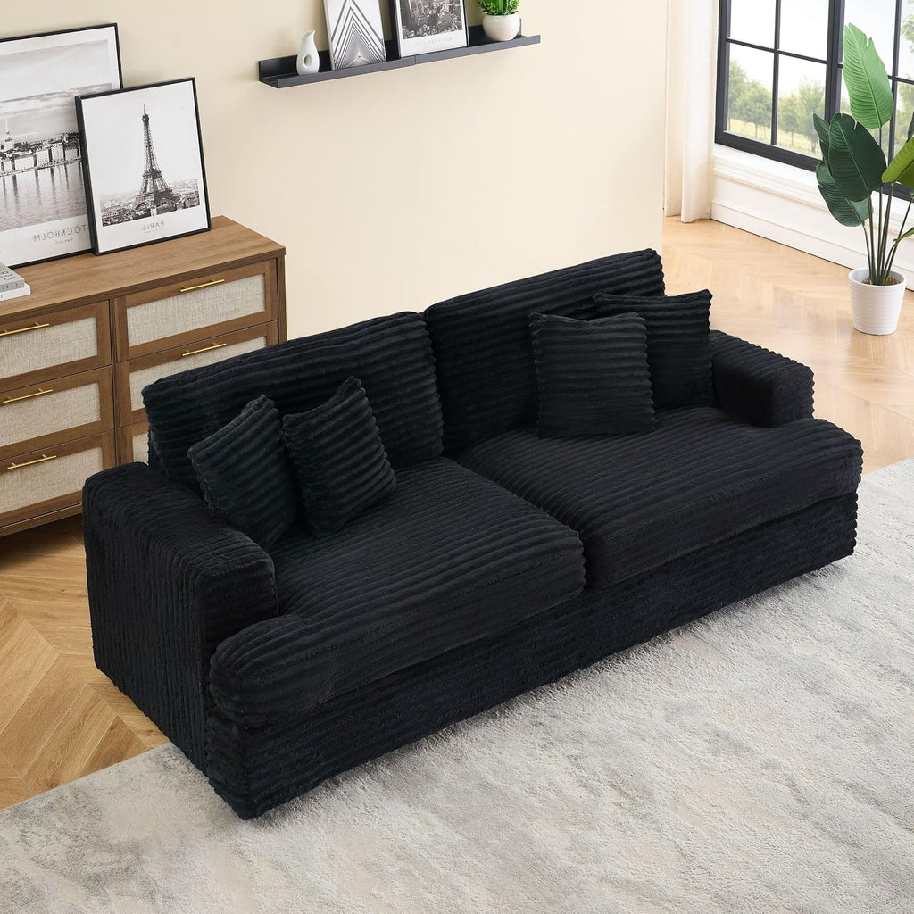 KEIKI 88.58 inch Sofa, Corduroy 3 Seater Couch Sofa with 4 Pillows, Corduroy Sleeper Couch for Living Room, Apartment, Salon, Home Theater, Black