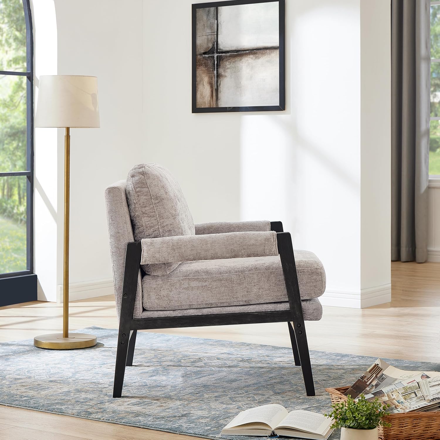 Roundhill Furniture Kelly Mid-Century Modern Chenille Upholstered Accent Armchair, Gray