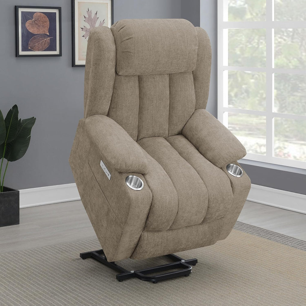 Coaster Home Furnishings - Houston - Fabric Upholstered Power Lift Recliner Chair with Power Panel with USB Port, Cup Holders and Pillowtop Arms - Living Room - Camel - 602274P