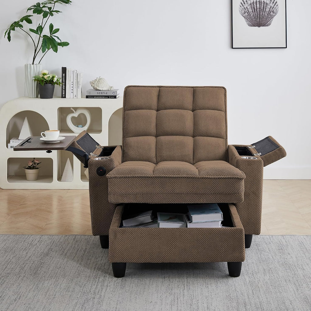 Eafurn 6-Position Adjustable Convertible Chaise Lounge Sleeper Chair with Storage, Modern Recliner Armchair with Swivel Tray Table & USB Port, Multi-Functional Tufted Accent Chair for Small Space