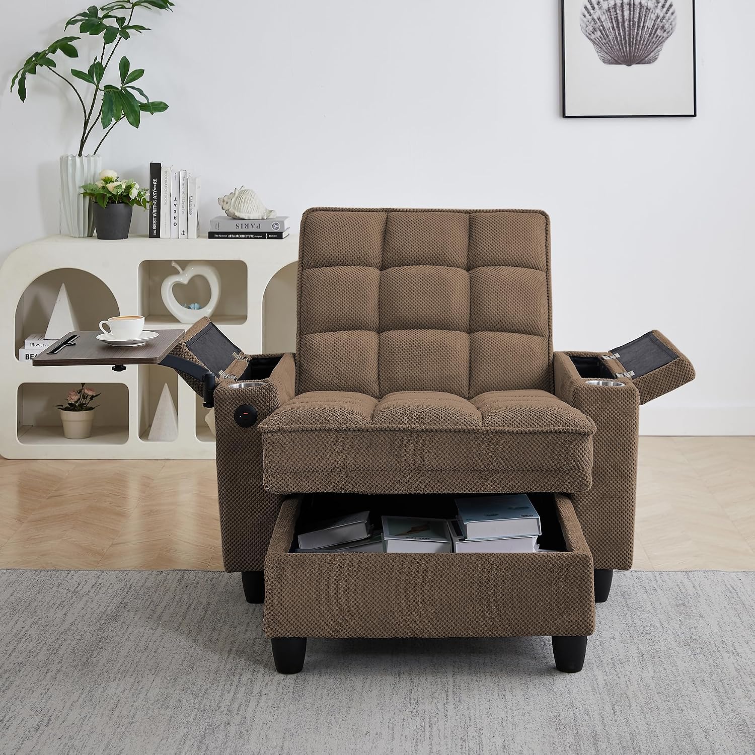 Eafurn 6-Position Adjustable Convertible Chaise Lounge Sleeper Chair with Storage, Modern Recliner Armchair with Swivel Tray Table & USB Port, Multi-Functional Tufted Accent Chair for Small Space