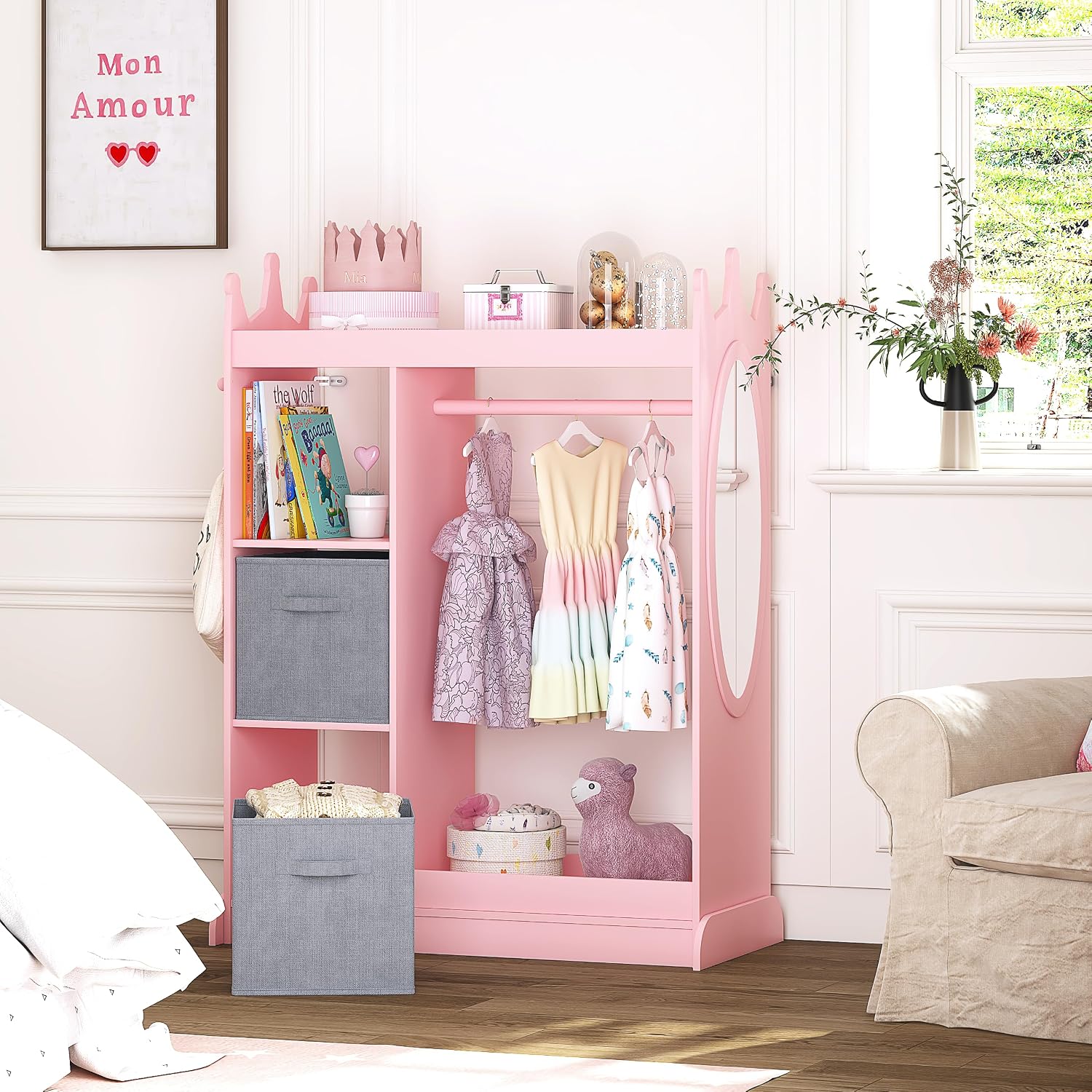 UTEX Kids Armoire Wardrobe Closet with Mirror and Storage Bin, Pink, 33.4 in W x 15.75 in D x 44.5 in H