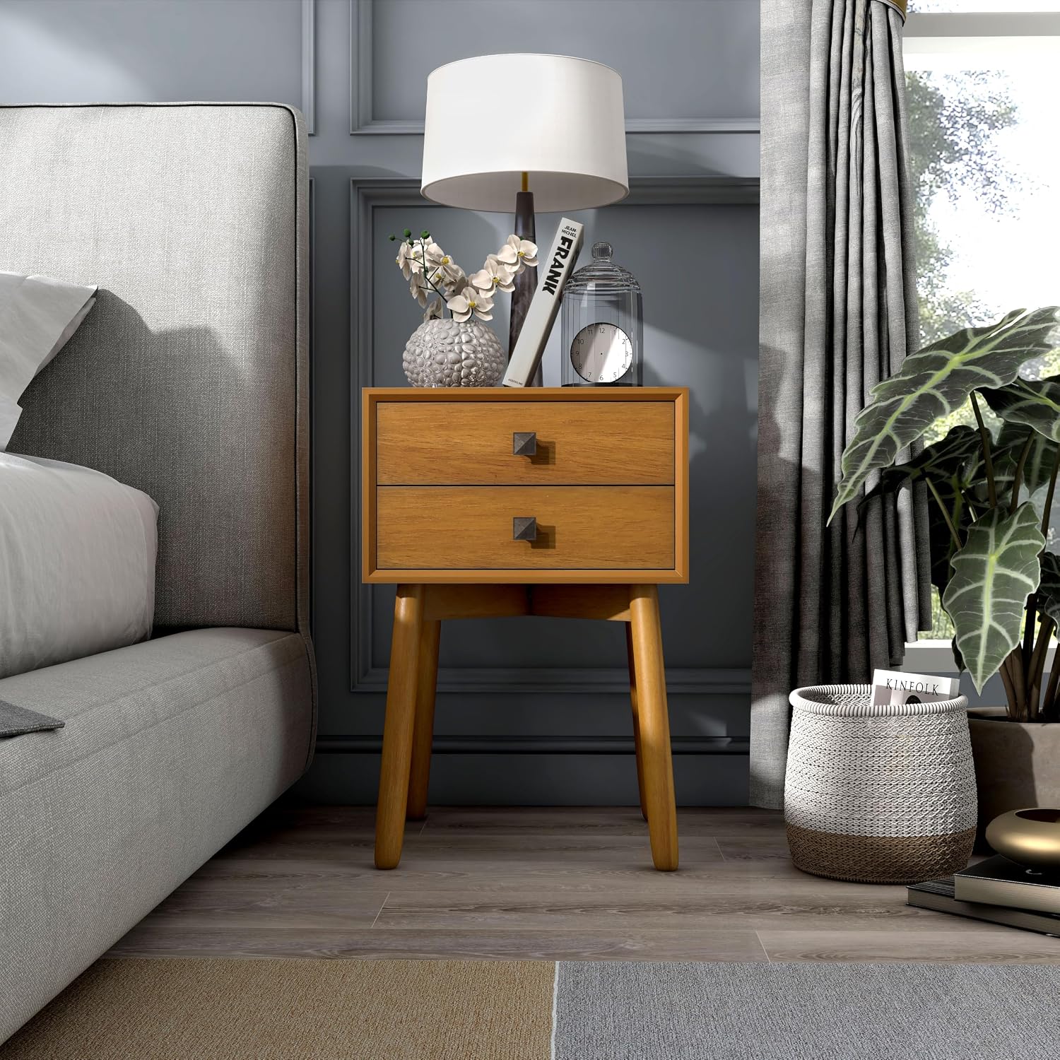 24/7 Shop at Home Goerge Mid-Century Modern Nightstand, Solid Rubber Wood Dresser, Small Bedside Tables with 2 Drawers, with Tapered Legs for Bedroom, Living Room, Home Office, Light Oak Brown