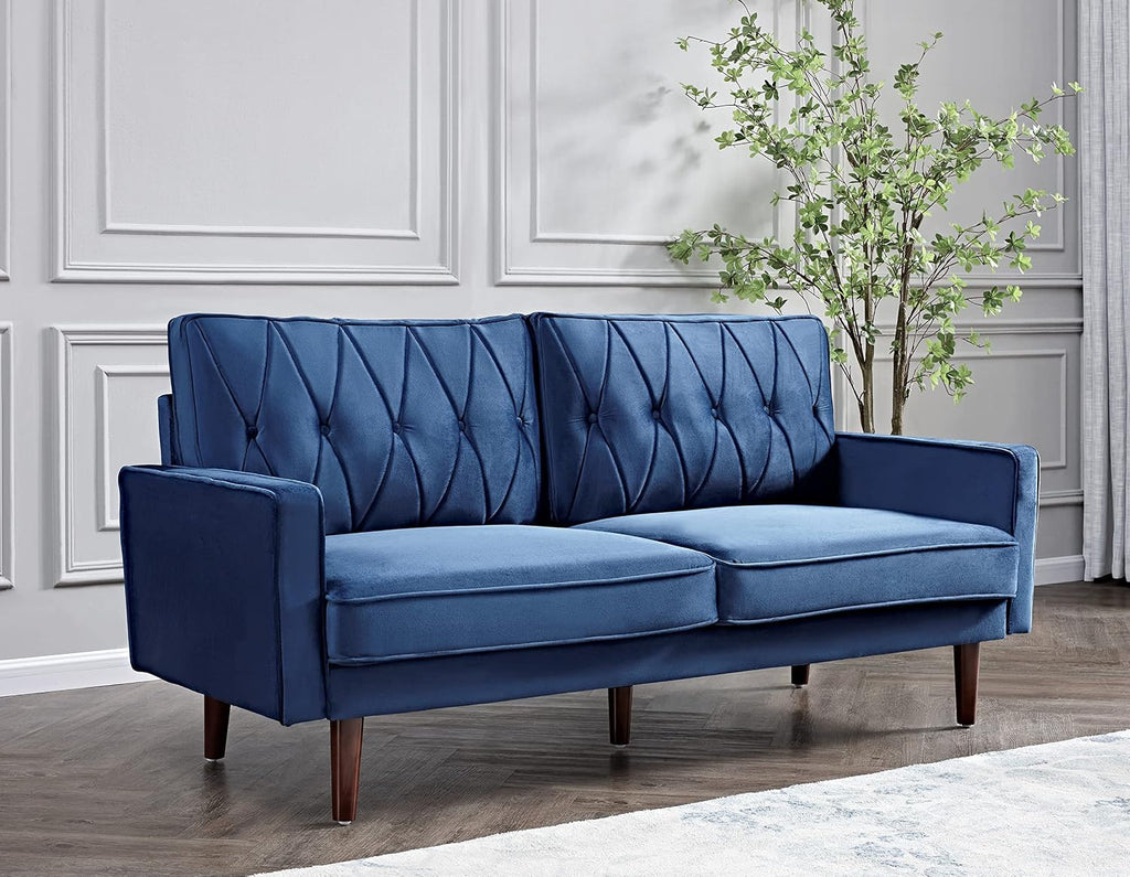 Container Furniture Modern Style Tufted Velvet Couches for Living Room with Soft Fabric Upholstery and Solid Wood Frame, 2 Piece Sofa and Loveseat Set, Dark Blue