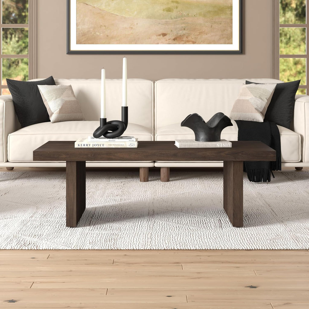 Henn&Hart 48' Fluted Rectangular Low-Profile Coffee Table with Ribbed Base for Living Room, Family Room, or Office, Rich Brown
