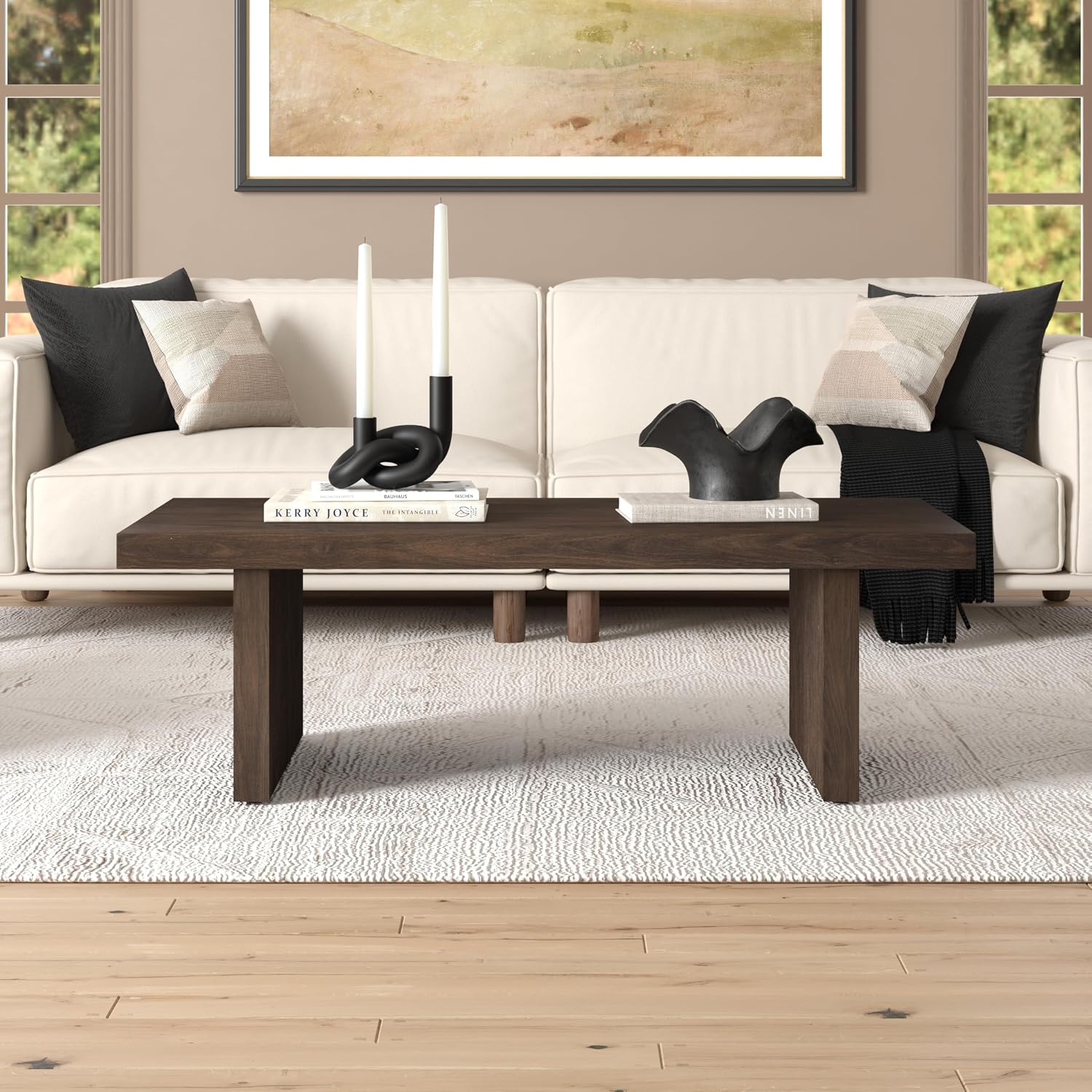 Henn&Hart 48' Fluted Rectangular Low-Profile Coffee Table with Ribbed Base for Living Room, Family Room, or Office, Rich Brown