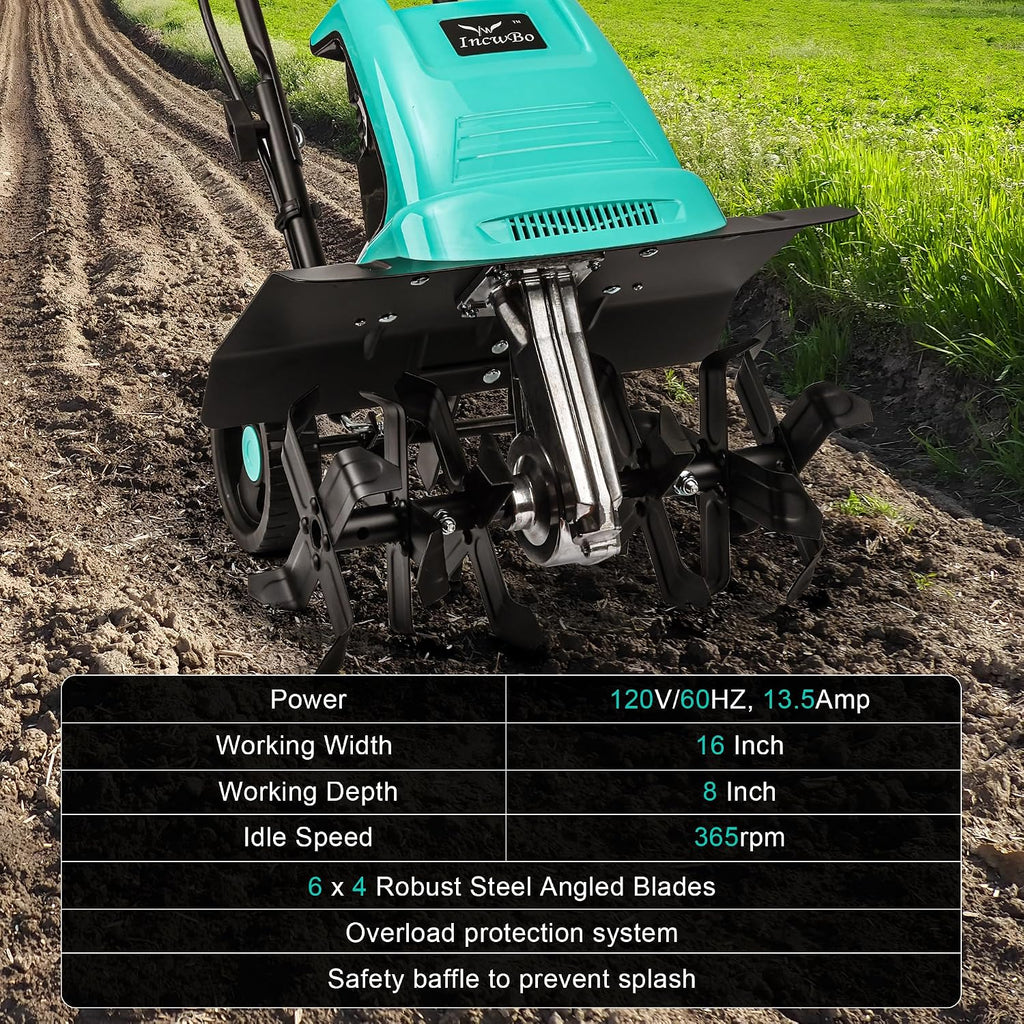 IncwBo Tiller 13.5AMP Rototiller for Garden Corded Electric Tiller Garden Electric Cultivator 8Inch Depth 16Inch Width Tiller for Garden Yard