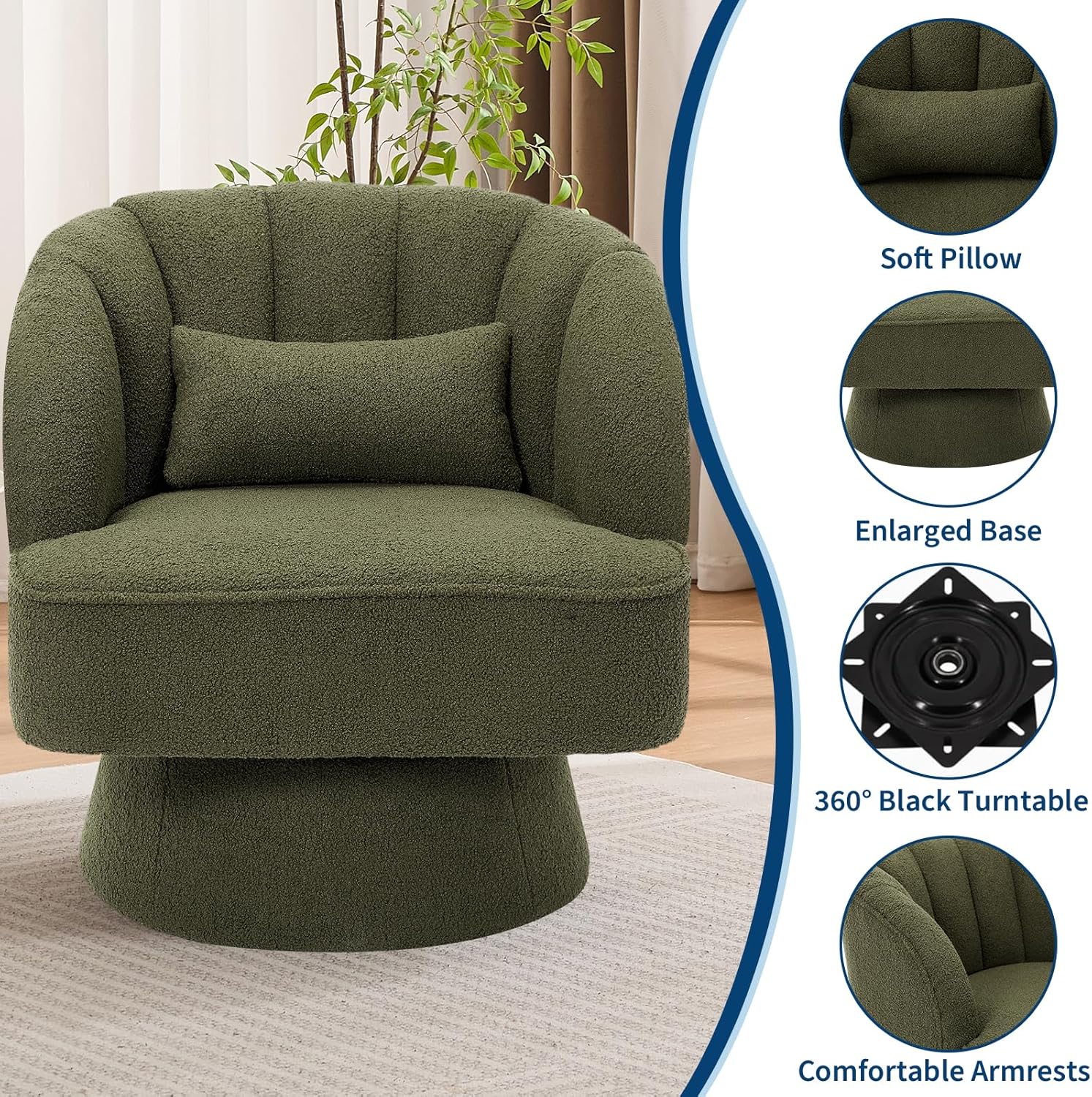 GarveeHome Modern Swivel Barrel Accent Chair, 360° Teddy Fabric Upholstered Armchair with Striped Backrest & Plush Padding, Comfy Round Lounge Chair for Living Room, Bedroom, Reading Nook, Green