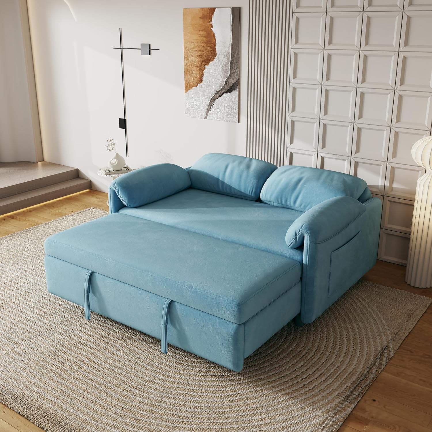 KEIKI 3 in 1 Convertible Pull Out Sofa Bed with Adjustable Backrest & Side Pockets, Velvet Recliner Couch Sleeper Sofa Chair for Living Room, Small Spaces, Full, Blue