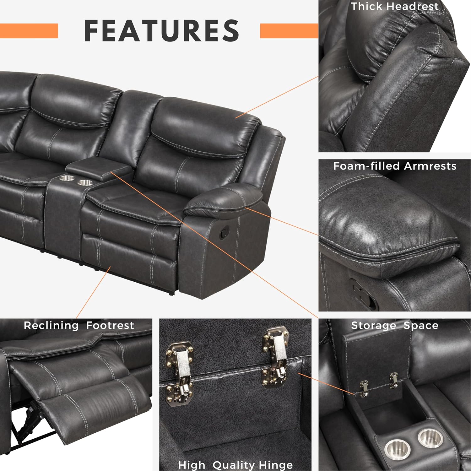 24/7 Shop at Home Amadeo Transitional Breathable Faux Leather L-Shaped Reclining Sofa with Storage Console and Cup Holder, Sectional Couches for Living Room, Home Theater, Playroom, Dark Gray
