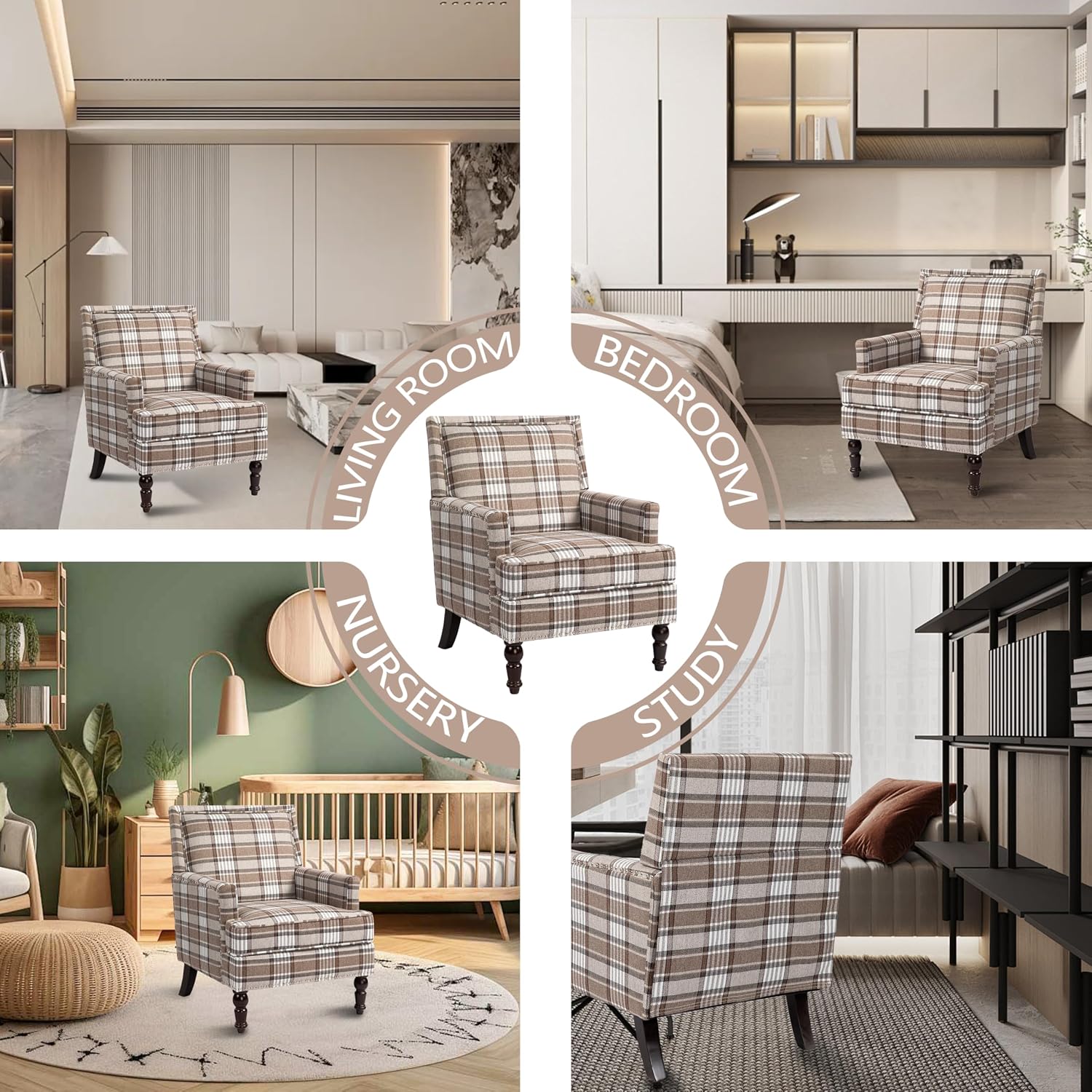 Accent Chair, Plaid Gingham Cozy Comfy Modern Comfy Mid-Century Accent Chairs, Upholstered Lounge Arm Chair with Solid Wood Frame for Living Room/Bedroom-Brown Plaid