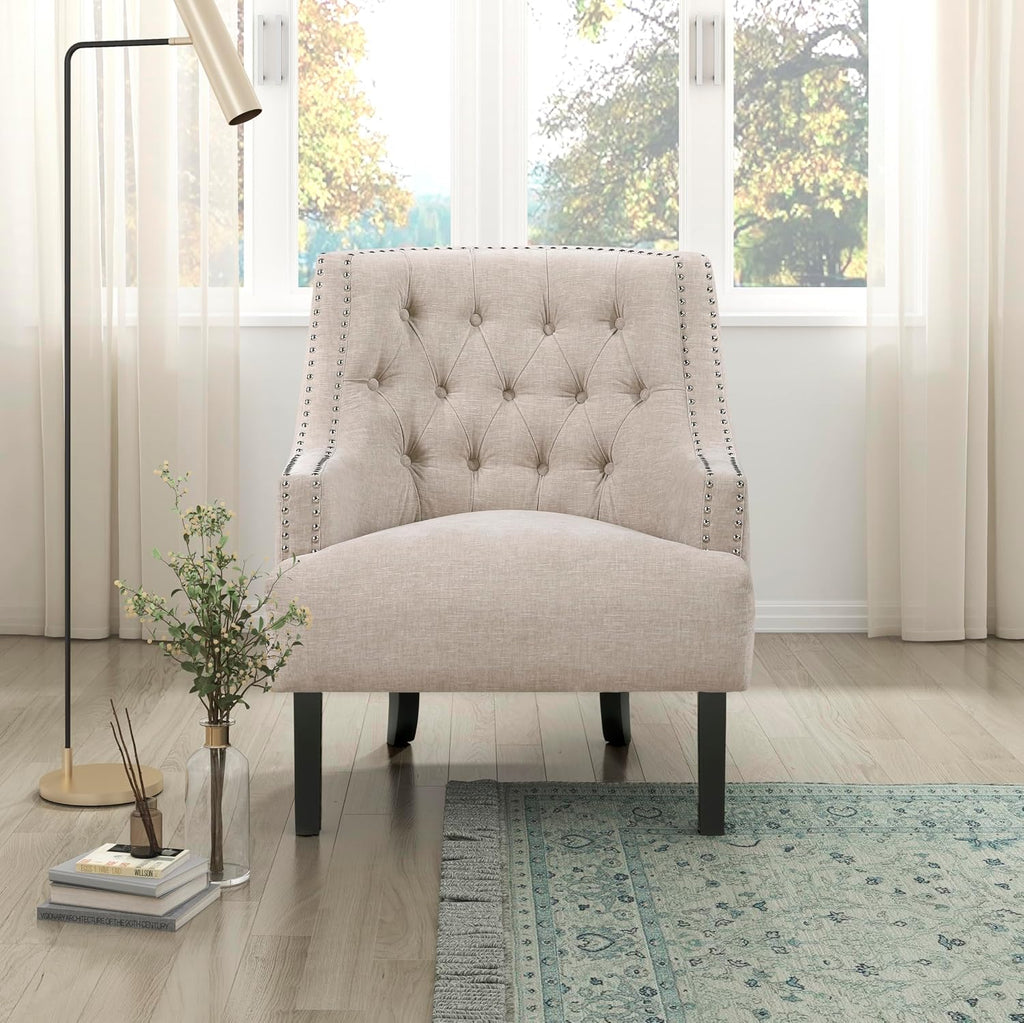 Lexicon Accent Chair Reading Chair Comfy Chair for Bedroom, Upholstered Armchair with Solid Wood Frame, Tufted Cushion Nail Head Trim, Single Sofa Chair for Living Room, Office, Taupe Chenille