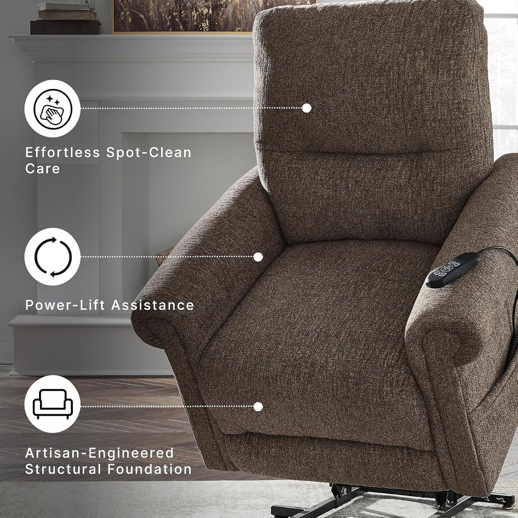 Signature Design by Ashley Aureta Classic Stain Resistant Power Lift Recliner with Side Pocket, Heat and Massage, Dark Brown