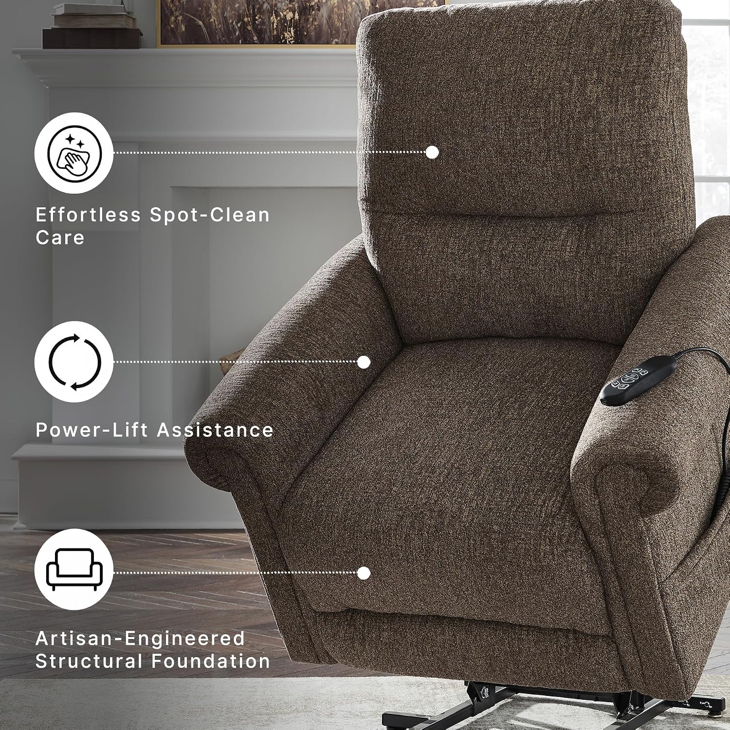 Signature Design by Ashley Aureta Classic Stain Resistant Power Lift Recliner with Side Pocket, Heat and Massage, Dark Brown