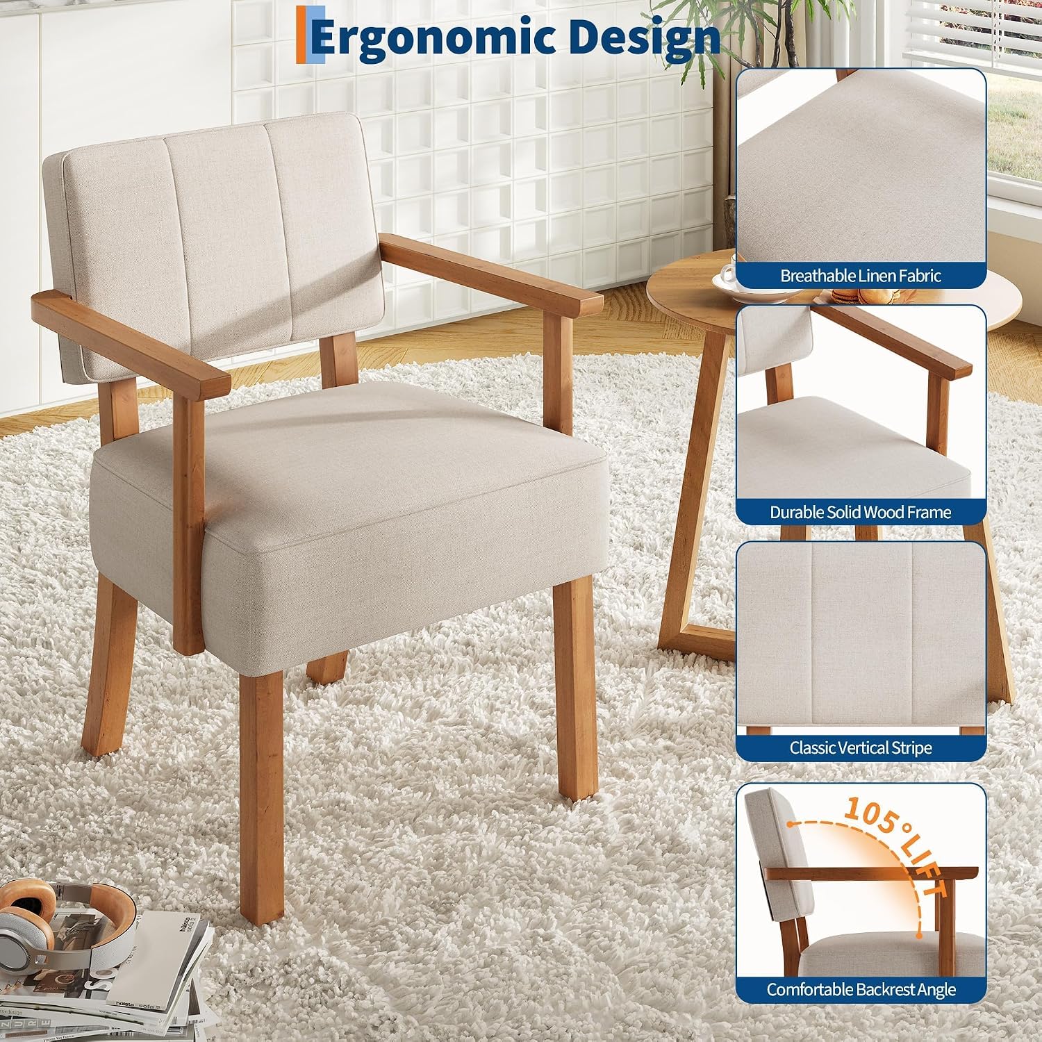 Garvee Accent Chair, Mid-Century Modern Linen Fabric Armchair with Wood Frame, Vertical Stripe Upholstered Reading Chair for Living Room, Bedroom or Balcony, Beige
