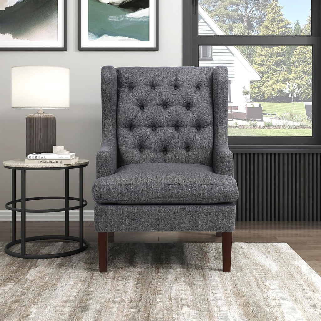 Lexicon Living Room Accent Chair, Textured Fabric Upholstered Reading Chair, Button-Tufted, High Wingback for Living Room/Bedroom/Office, Charcoal