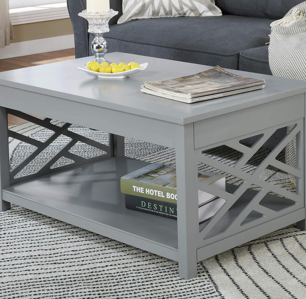 Coventry 36 in. W Wood Coffee Table, Traditional Modern Design, Includes Open Detailing & Storage Shelf, Gray Finish, Cottage, Loft, Apartment, Accent Furniture, End Table, Side Table