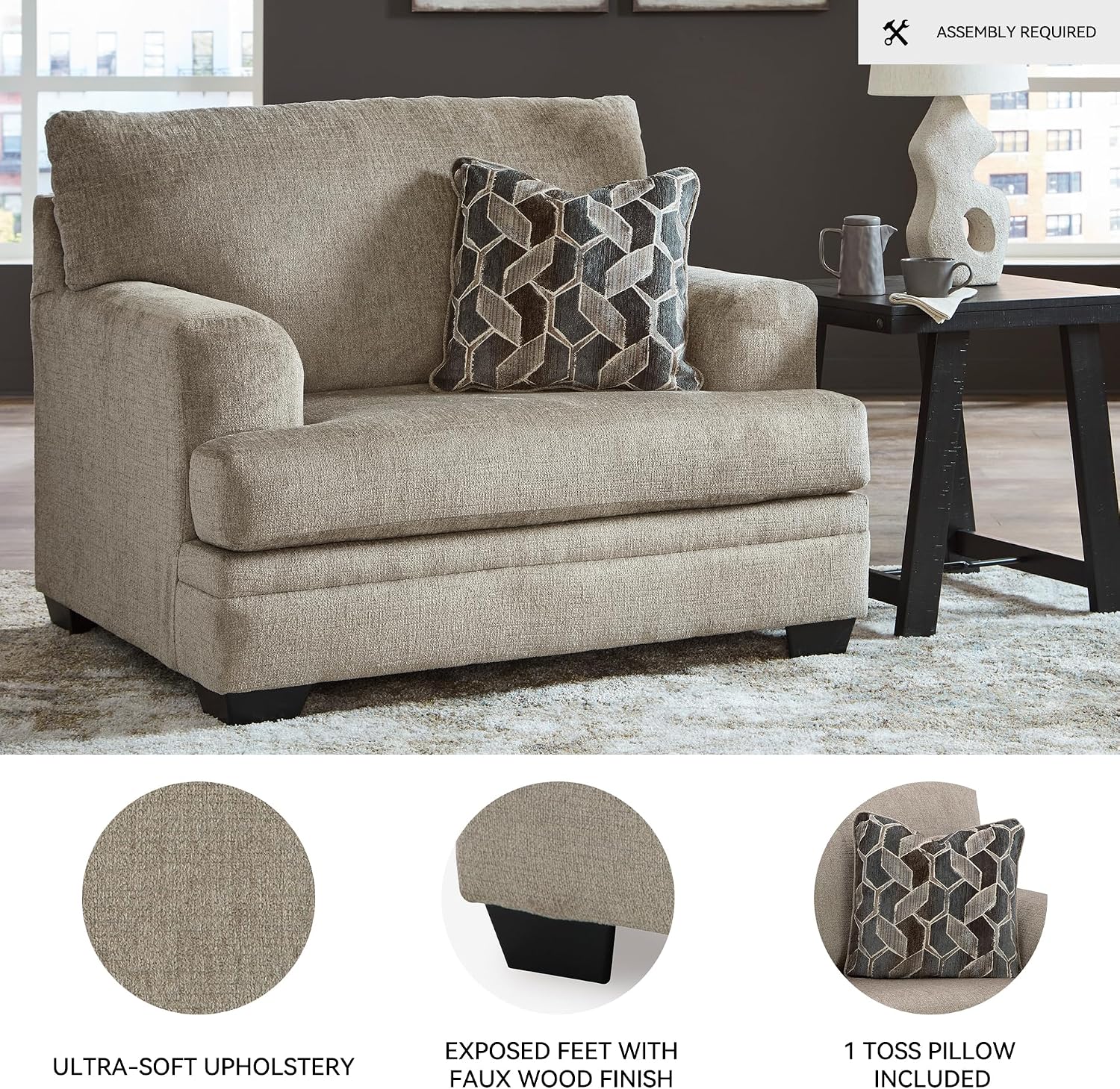 Signature Design by Ashley Stonemeade Transitional Oversized Chair with Reversible Seat Cushion and Accent Pillow, Taupe