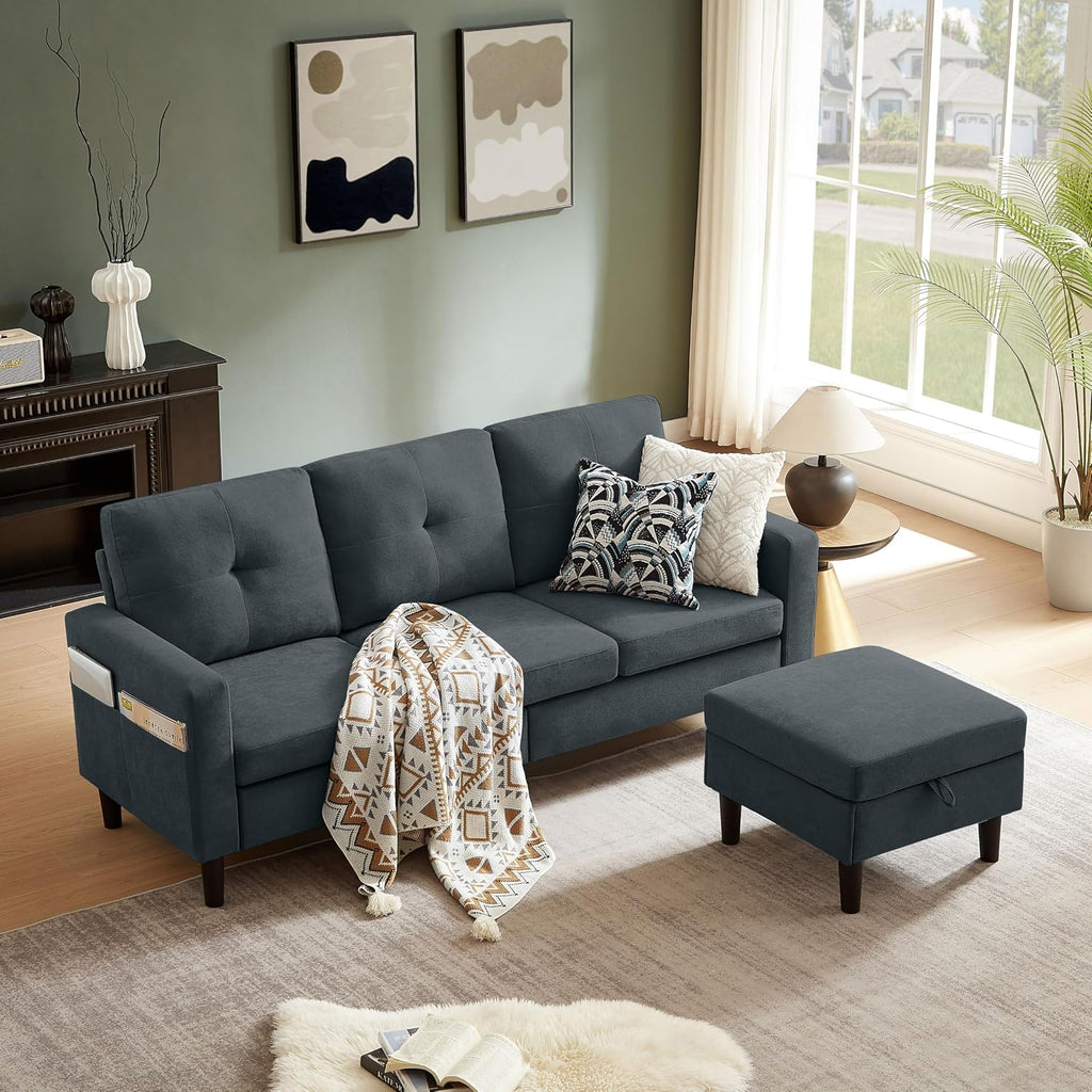 Sectional Sofa Couches for Living Room, L Shaped Couch 3-Seat Convertible Sectional Sofas with Removable Storage Ottoman, Modern Polyester Fabric (Dark Grey)
