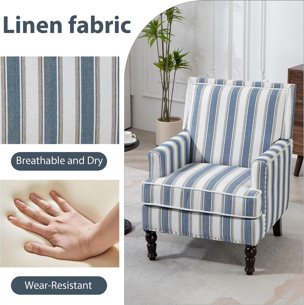 Accent Chair, Comfy Cozy Modern Mid-Century Accent Chairs, Linen Upholstered Lounge Arm Chair with Solid Wood Reading Side Padded Single for Living Room/Office/Balcony/Bedroom-Blue Stripe