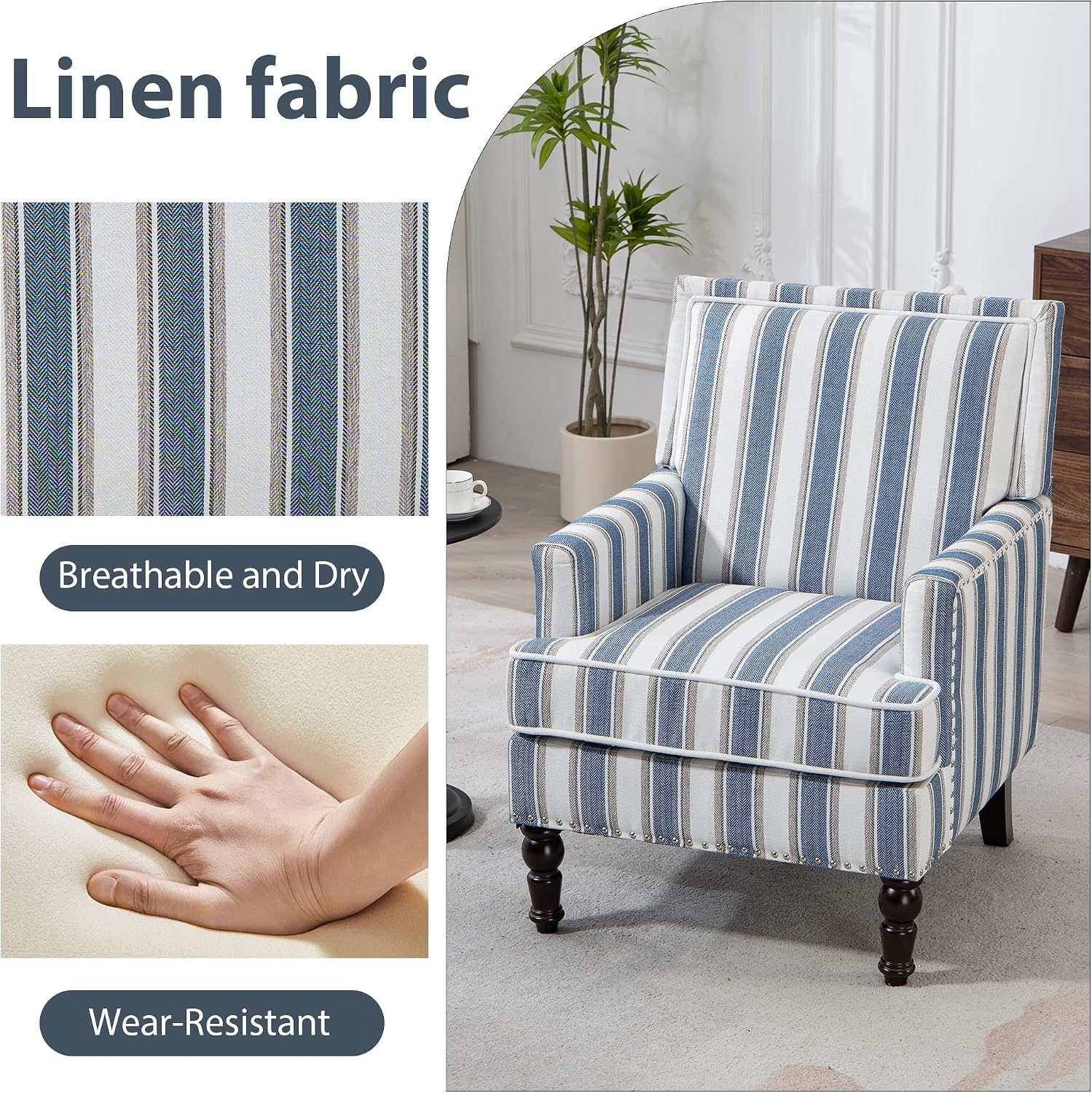 Accent Chair, Comfy Cozy Modern Mid-Century Accent Chairs, Linen Upholstered Lounge Arm Chair with Solid Wood Reading Side Padded Single for Living Room/Office/Balcony/Bedroom-Blue Stripe