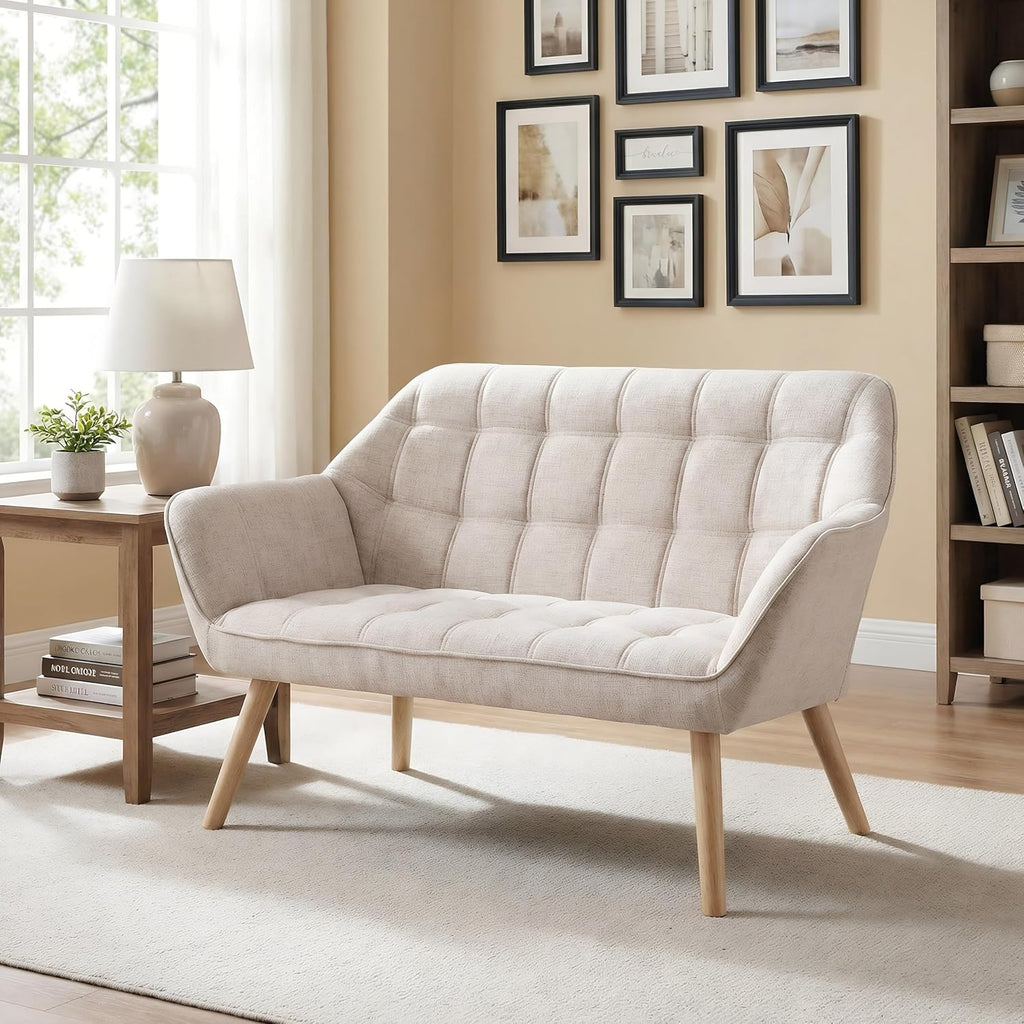 48'Small Loveseat Sofa, Modern Linen Upholstered Mini Couch 2-Seater Fluffy Love Seat with Quilting Backs and Wood Legs for Small Space Living Room, Bedroom, Beige