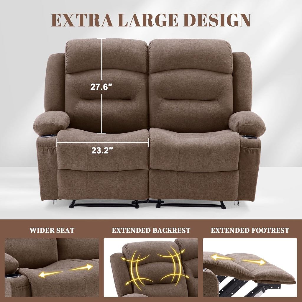 Weture Oversized Recliner Loveseat with Heat and Massage, Wall-Hugger Reclining Sofa with Cup Holders and USB Port, Big Large 2-Seater Double RV Recliner Loveseat for Living Room (Fabric, Brown)