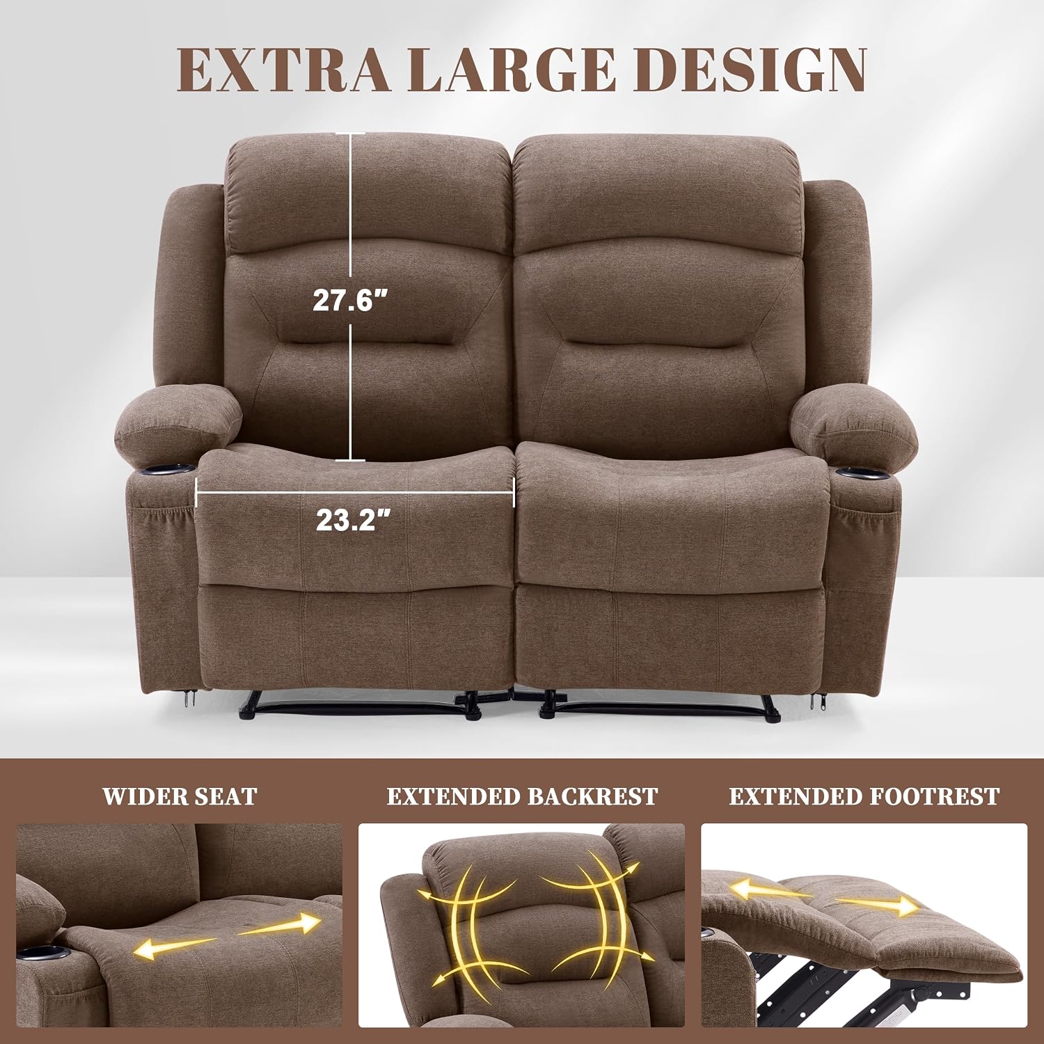 Weture Oversized Recliner Loveseat with Heat and Massage, Wall-Hugger Reclining Sofa with Cup Holders and USB Port, Big Large 2-Seater Double RV Recliner Loveseat for Living Room (Fabric, Brown)