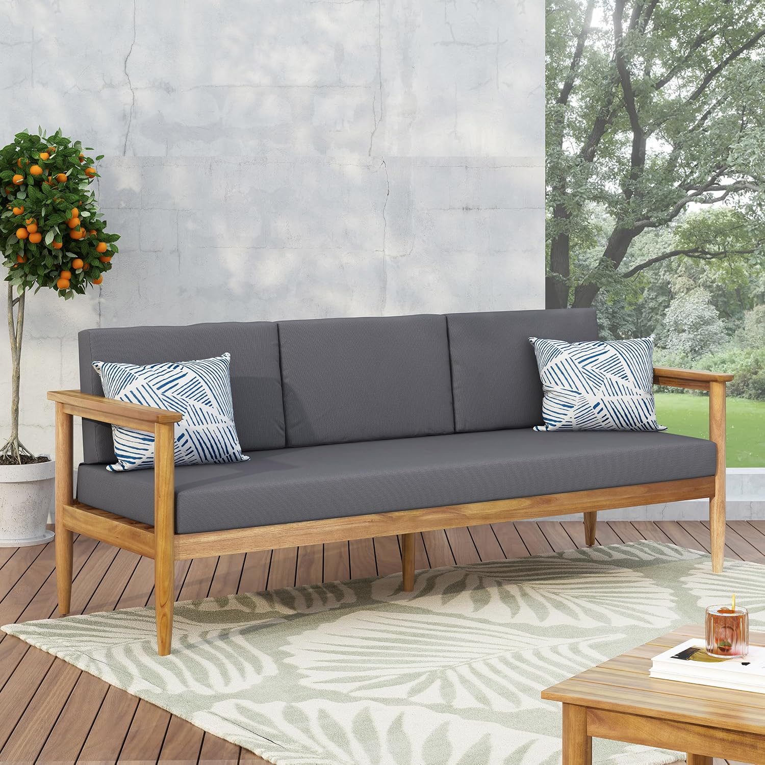 Christopher Knight Home Gaviaz Acacia Wood Outdoor 3 Seater Sofa, 76'' Modern Patio Couch with Water-Resistant Cushions and Open Slat Design for Garden Poolside Deck, Dark Gray