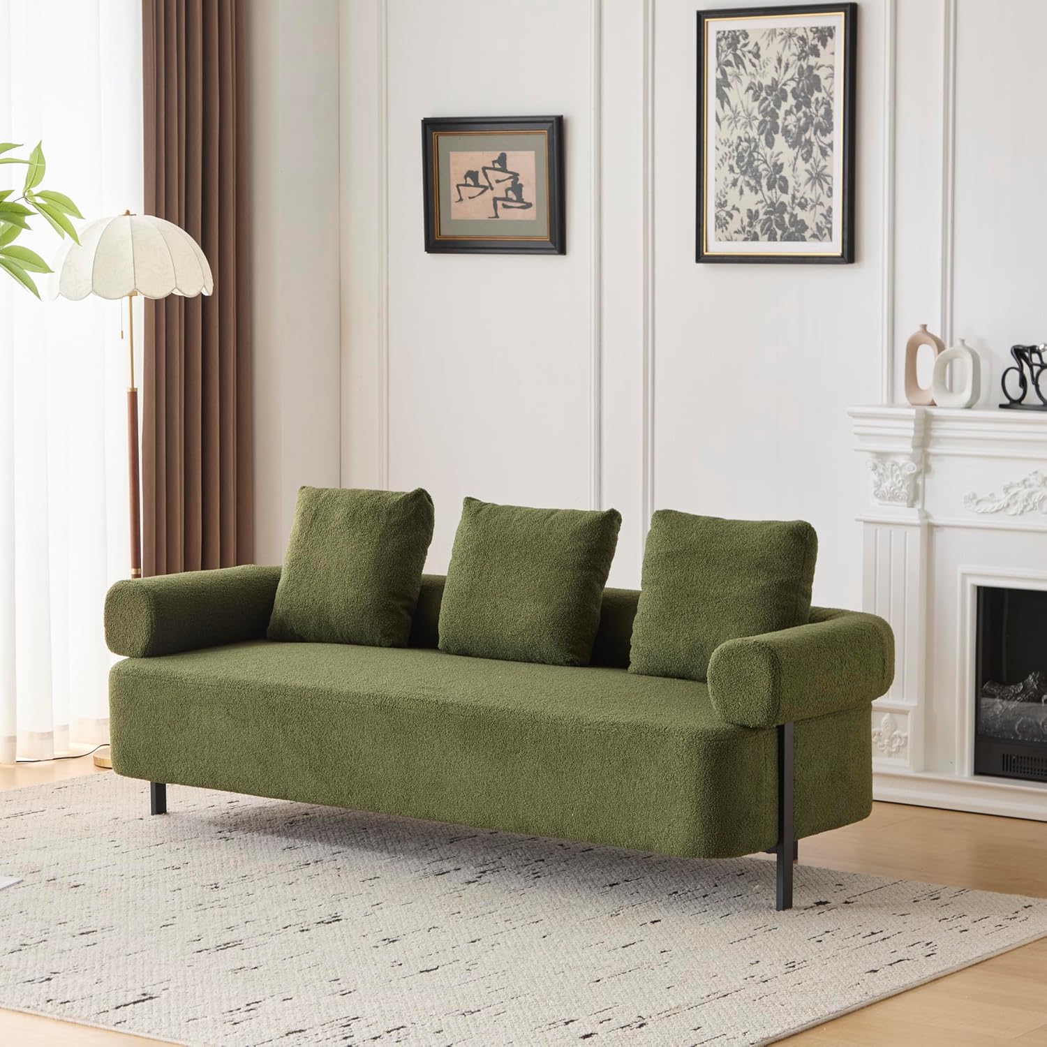 Christopher Knight Home Gilly 78' Modern Boucle Upholstered Sofa with Pillow, Oversized Comfy Cloud Couch with Wooden Frame, 3-Seater Sofa Couch for Living Room, Bedroom, Home Office, Olive Green