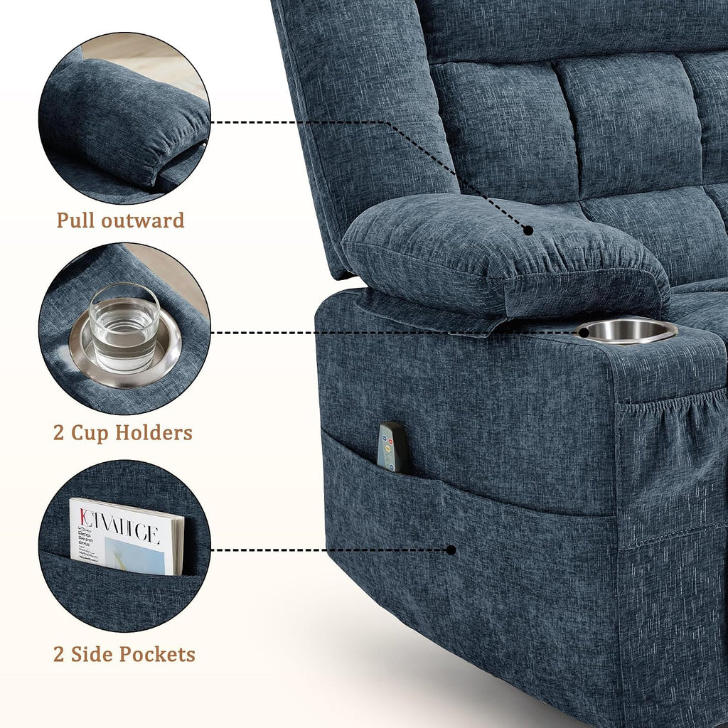 Korser 360° Swivel Rocker Recliner for Adult, Nursery Glider Recliners with Massage & Heating, Rocking Chair with Cup Holder, Manual Recliner Chair for Living Room, Bedroom (Blue)