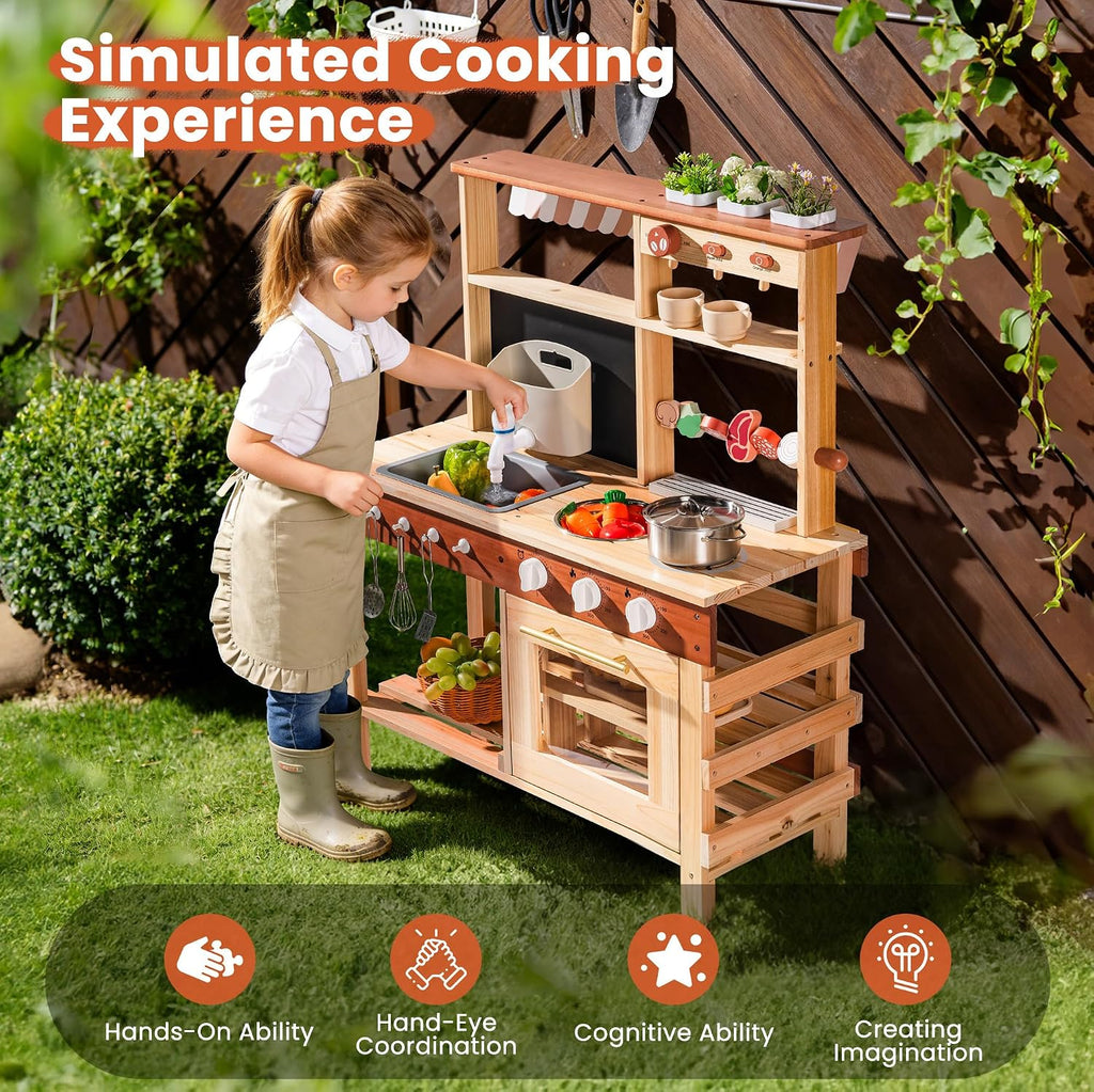 ROBOTIME Kids Mud Kitchen, Wooden Mud Kitchen for Kids Outdoor with Real Water Play Sink, BBQ Grill, Coffee Maker & Planting Station, Large Storage Outdoor Play Kitchen, Kitchen Toys for Ages 3+
