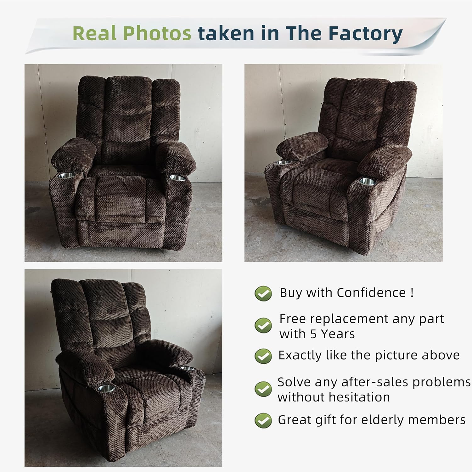 Power Lift Recliner Chair for Elderly, Overstuffed Back Lift Chair with Massage/Heat, Power Recliner Lay Flat 160° Cup Holders for Living Room（Brown）