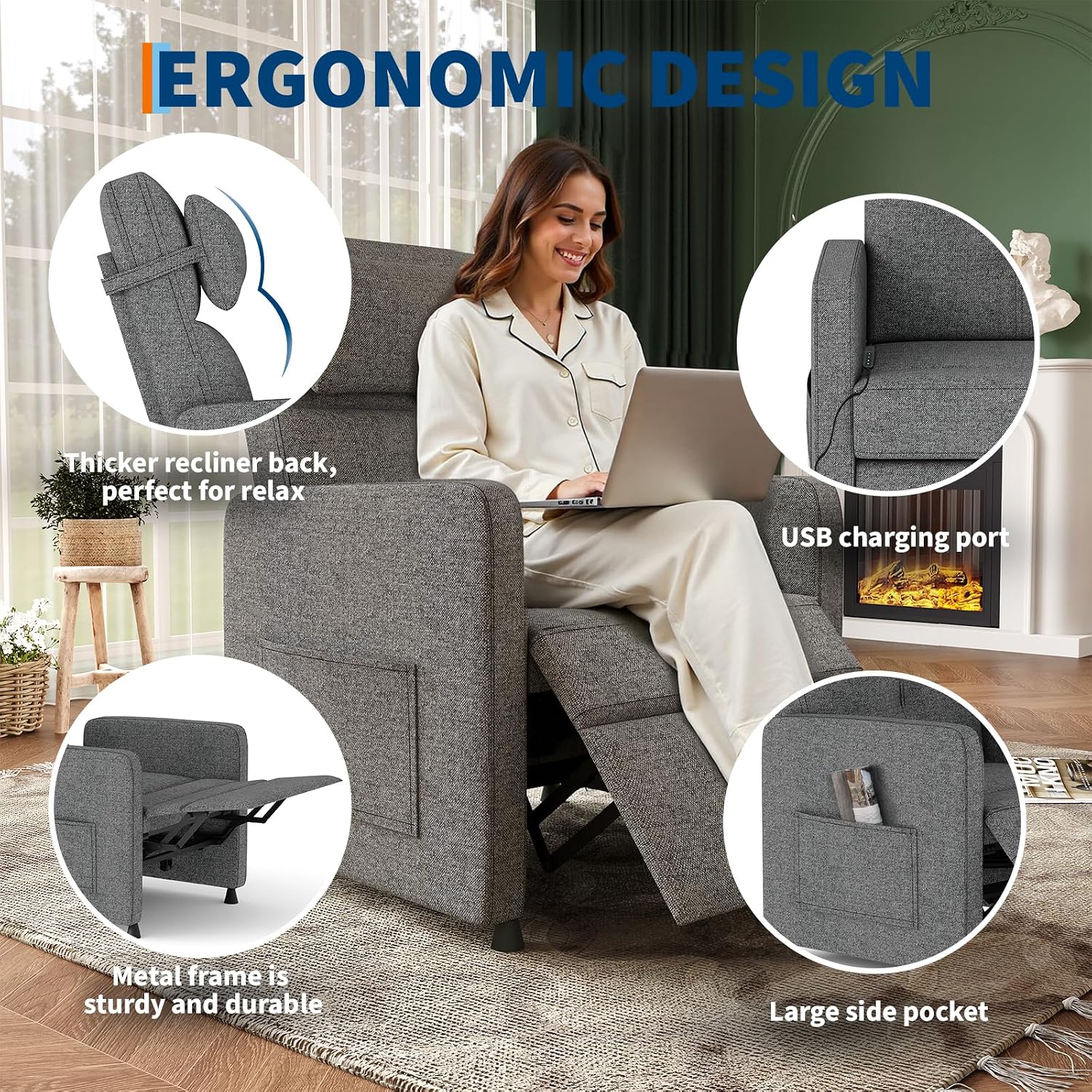 GarveeHome Electric Recliner Chair Living Room Chair Adjustable Power Recliner with Massage & Heat & Lumbar Support & Side Pockets & USB Port(Gray)