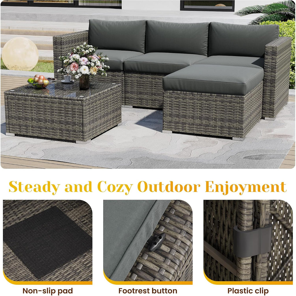 May in Color 5 Piece Outdoor Patio Sectional Furniture Set, Weather Resistant Rattan Outside Couch, Waterproof Conversation Sofa for Balcony, Porch, Backyard, Deck, Garden, Grey