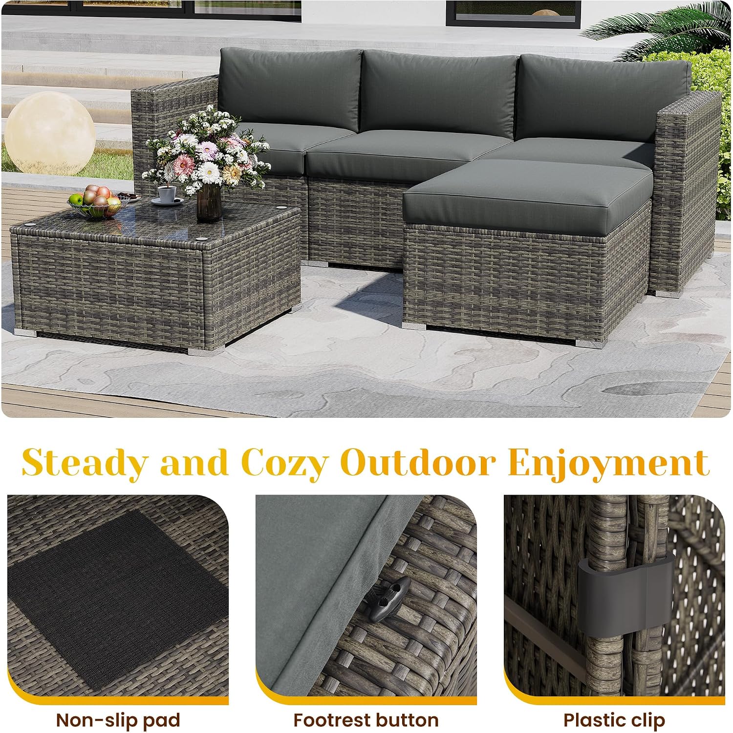 May in Color 5 Piece Outdoor Patio Sectional Furniture Set, Weather Resistant Rattan Outside Couch, Waterproof Conversation Sofa for Balcony, Porch, Backyard, Deck, Garden, Grey
