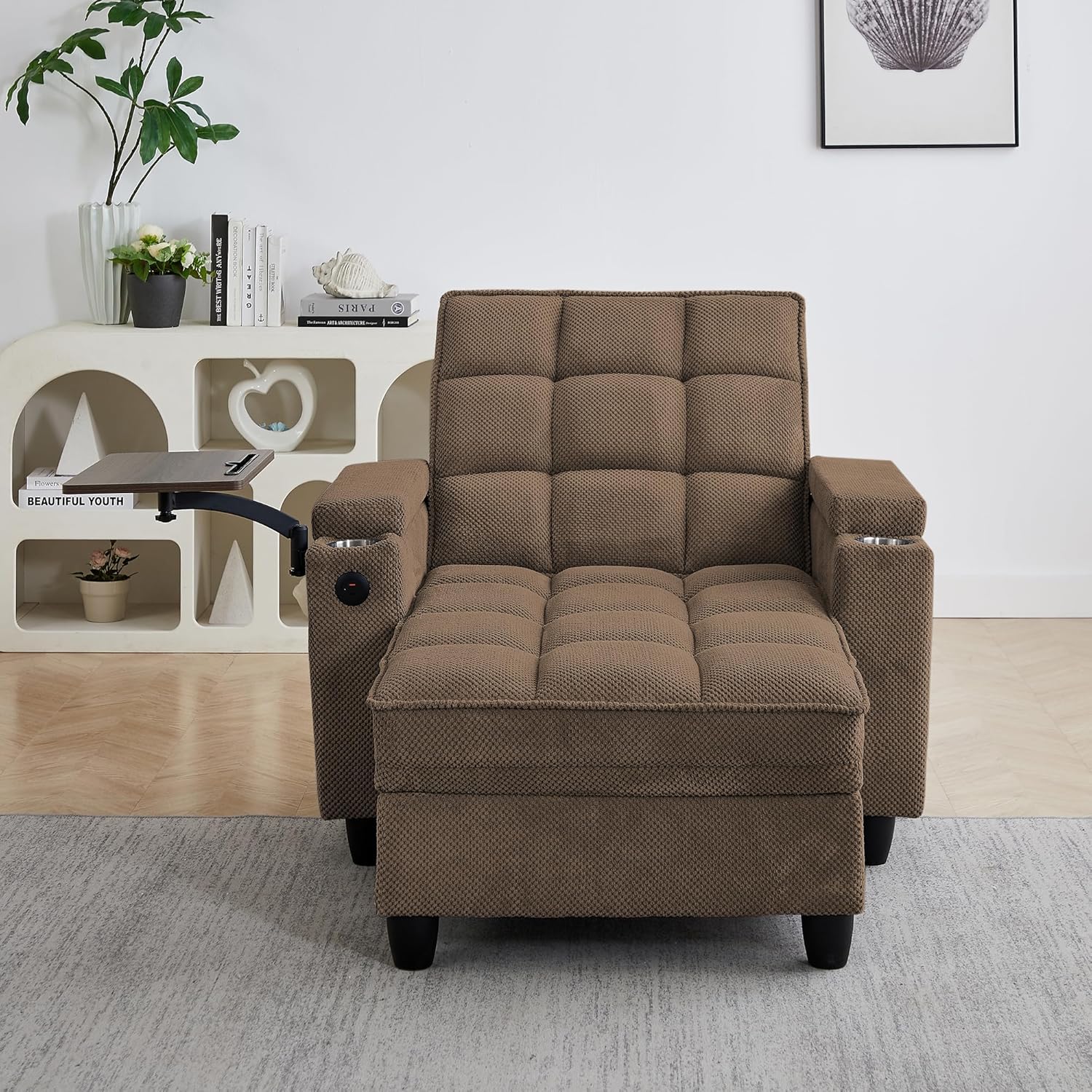 Eafurn 6-Position Adjustable Convertible Chaise Lounge Sleeper Chair with Storage, Modern Recliner Armchair with Swivel Tray Table & USB Port, Multi-Functional Tufted Accent Chair for Small Space