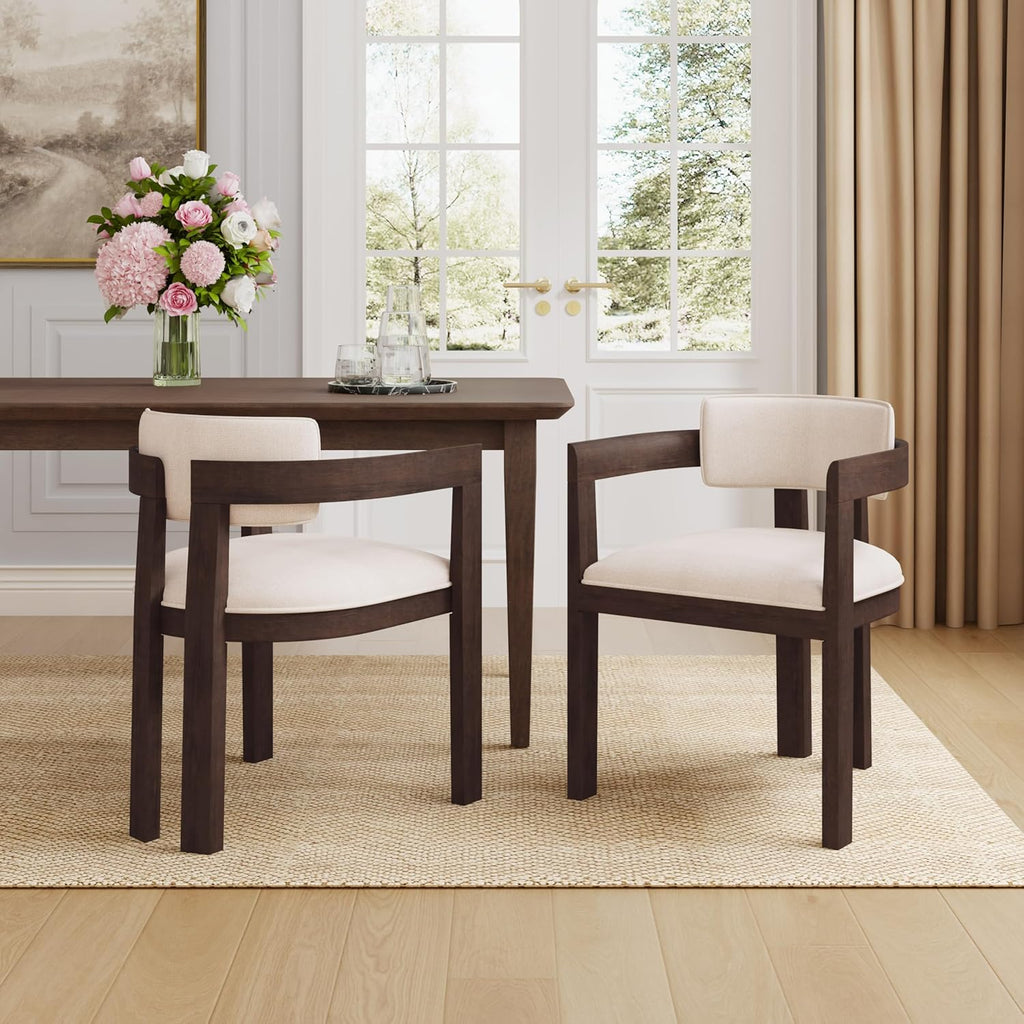 Christopher Knight Home Falcon Fabric Upholstered Dining Chairs Set of 2, Modern Wooden Dining Armchair, Curved Backrest Kitchen Side Chair, Living Room Accent Chair for Extra Seat, Walnut+Beige