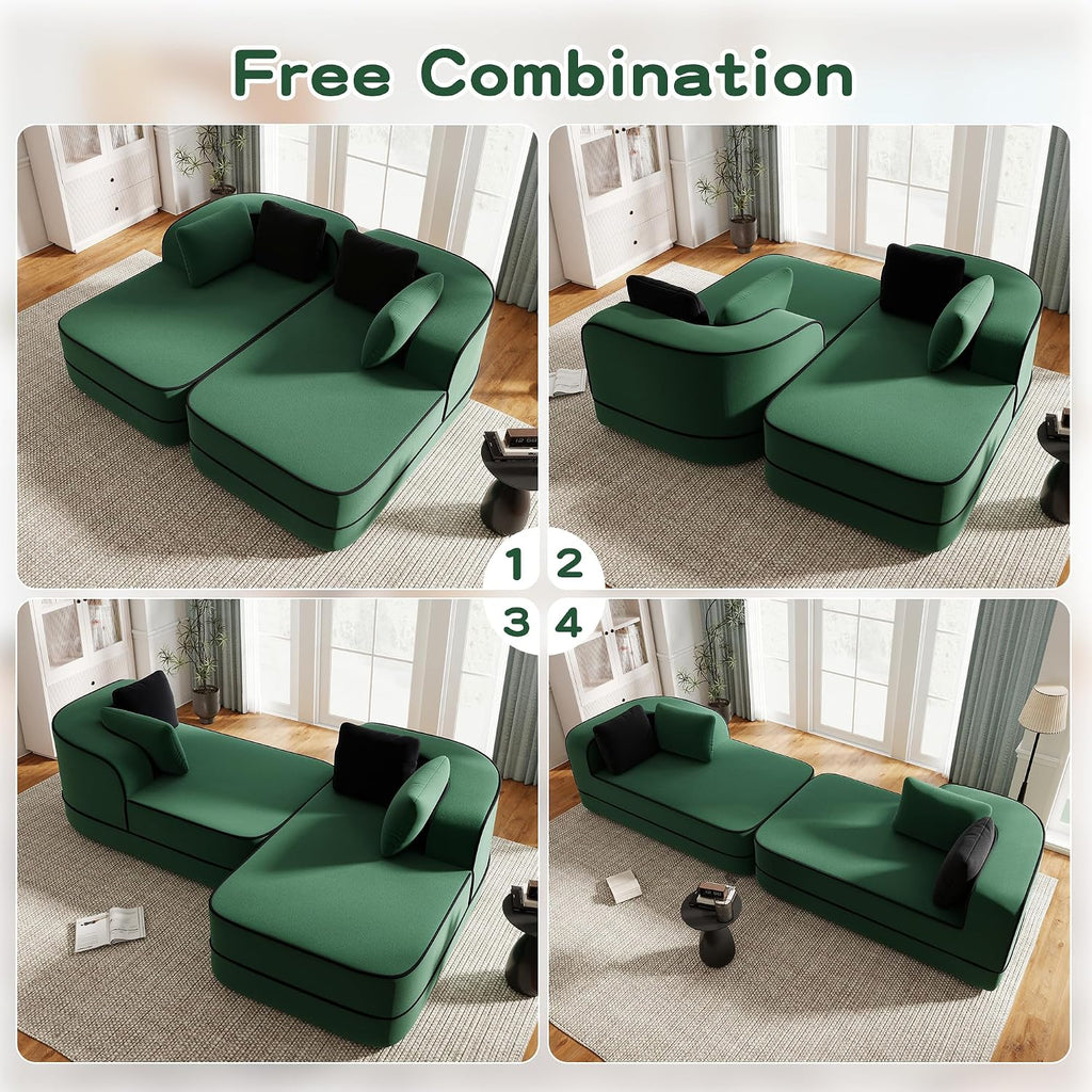 KEIKI Modular Boneless Sectional Teddy Sofa Couch with Chaise for Living Room, Oversized 77.2' Loveseat Chaise Lounge Indoor for Small Spaces, Modern Comfy Apartment Size Couch for Bedroom, Green