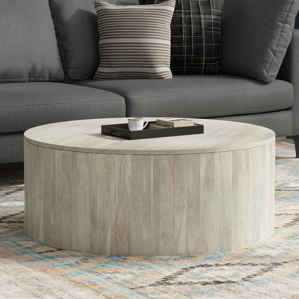 SIMPLIHOME Millbury Drum Coffee Table - 36 inch Wide Solid Mango Wood Round Living Room Table in White Wash, Contemporary Cocktail Table for Family Room or Lounge with Large Surface, Assembled