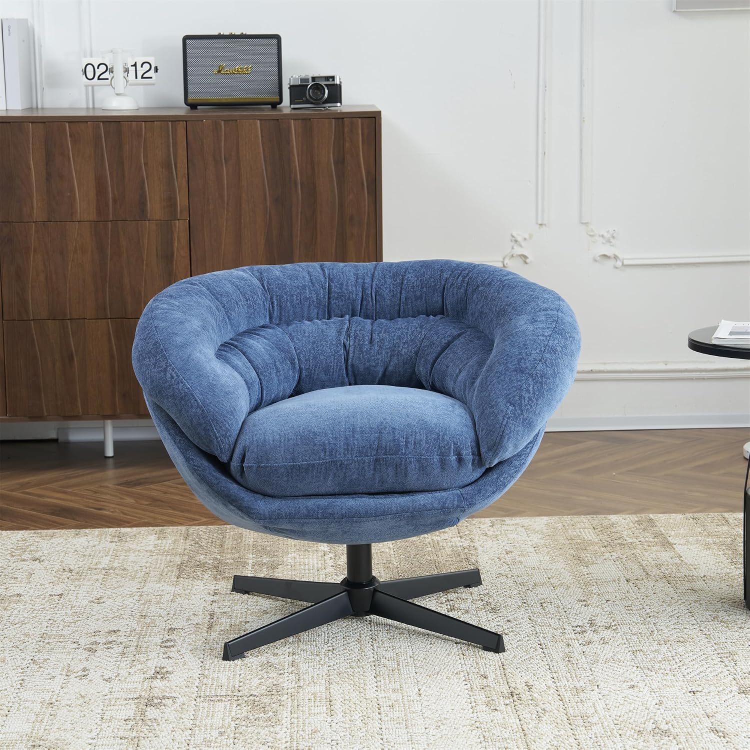Christopher Knight Home 360° Swivel Club Chair,Chenille Upholstered Accent Chair with Removable Cushion, Round Office Chair with Black Metal Base,Navy Blue