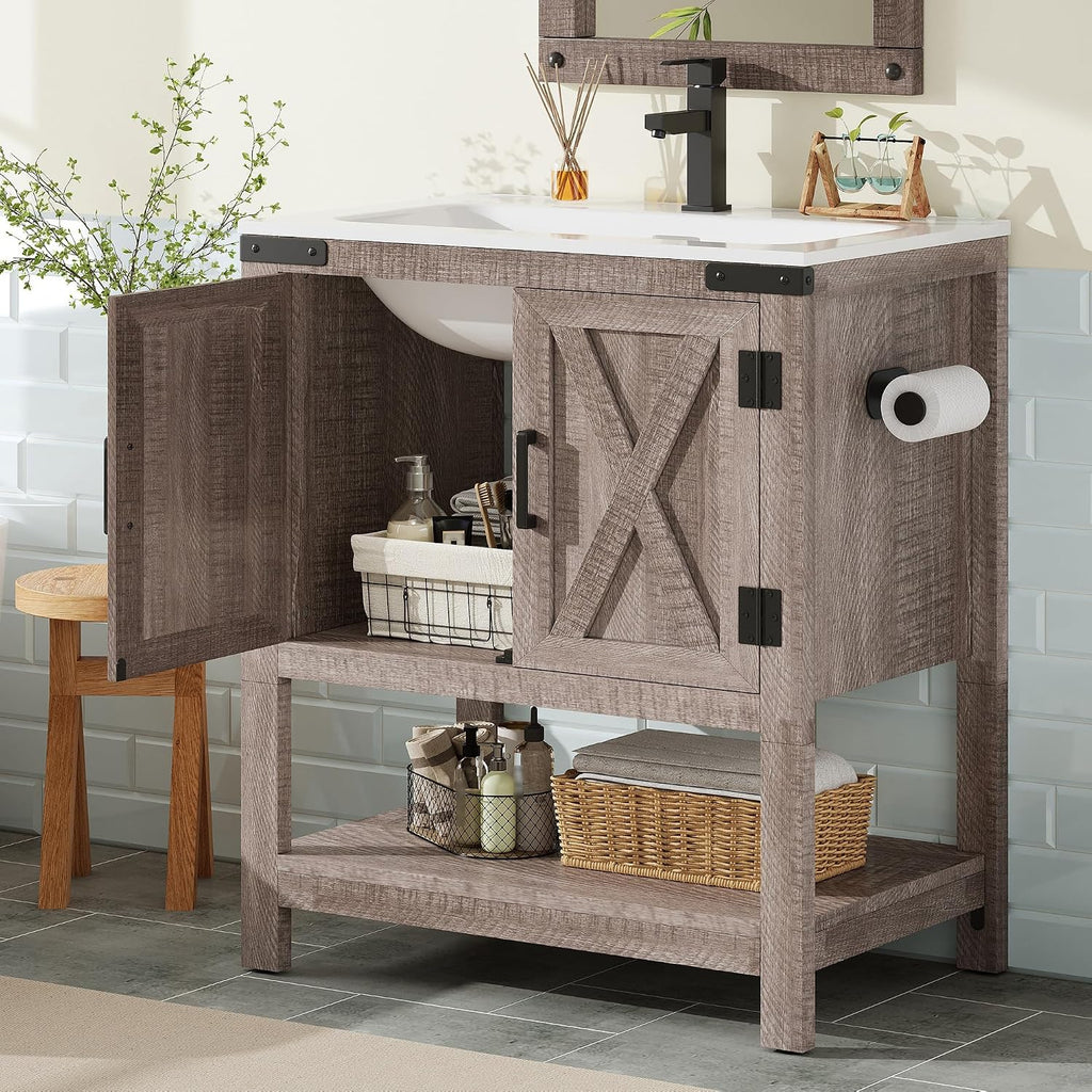 AMERLIFE 24' Farmhouse Bathroom Vanity with Sink Combo, Wood Barn Doors & Open Shelf, Freestanding Single Bathroom Storage Cabinet, Paper Towel Holder, Easy-Clean Countertop, Light Gray