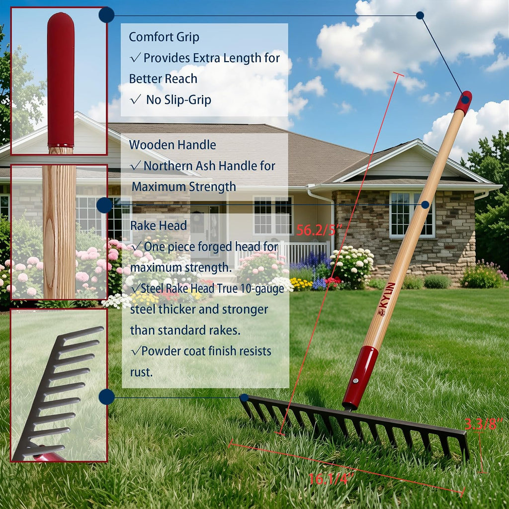 KYLIN 6-Piece Pro Long Ash Handle Garden Tools Set for Landscaping Agricture or Backyard,14-Gauge Shovels,Forged Rakes,Forged Weeding Hoe Sidewalk Scraper,