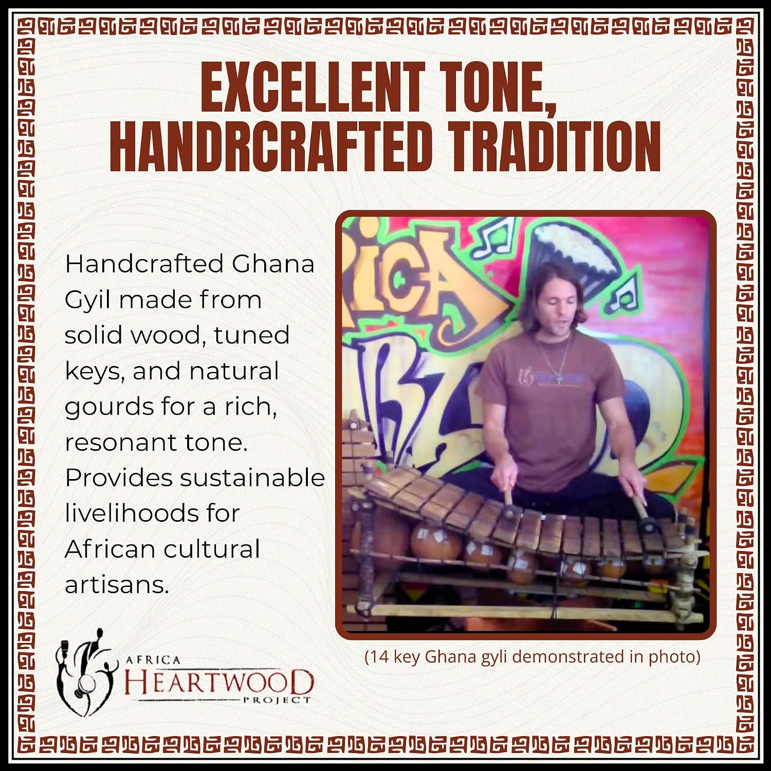 Africa Heartwood Project Classic Heartwood Gyli with Mallets – 10 Key C Pentatonic - African Xylophone Balafon from Ghana, Handcrafted by Village Artisans in Ghana - Key of C-C#
