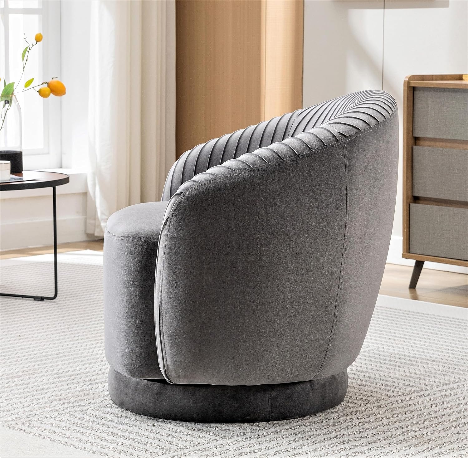 Container Furniture Direct Modern Barrel Swivel Chair with Plush Velvet Upholstery and Smooth 360° Rotation, Round Accent One-Seater Sofa for Living Room, Bedroom, and Office, Grey