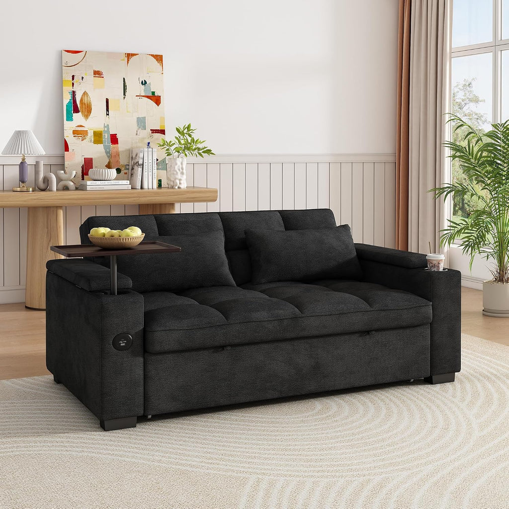 KEIKI 65' Sleeper Sofa Bed, 3-in-1 Pull Out Couch with Adjustable Backrest, 90° Rotating Side Table, USB & Type-C Charging Ports, Hidden Storage Armrests, Space Saving Sofa for Apartment Guests